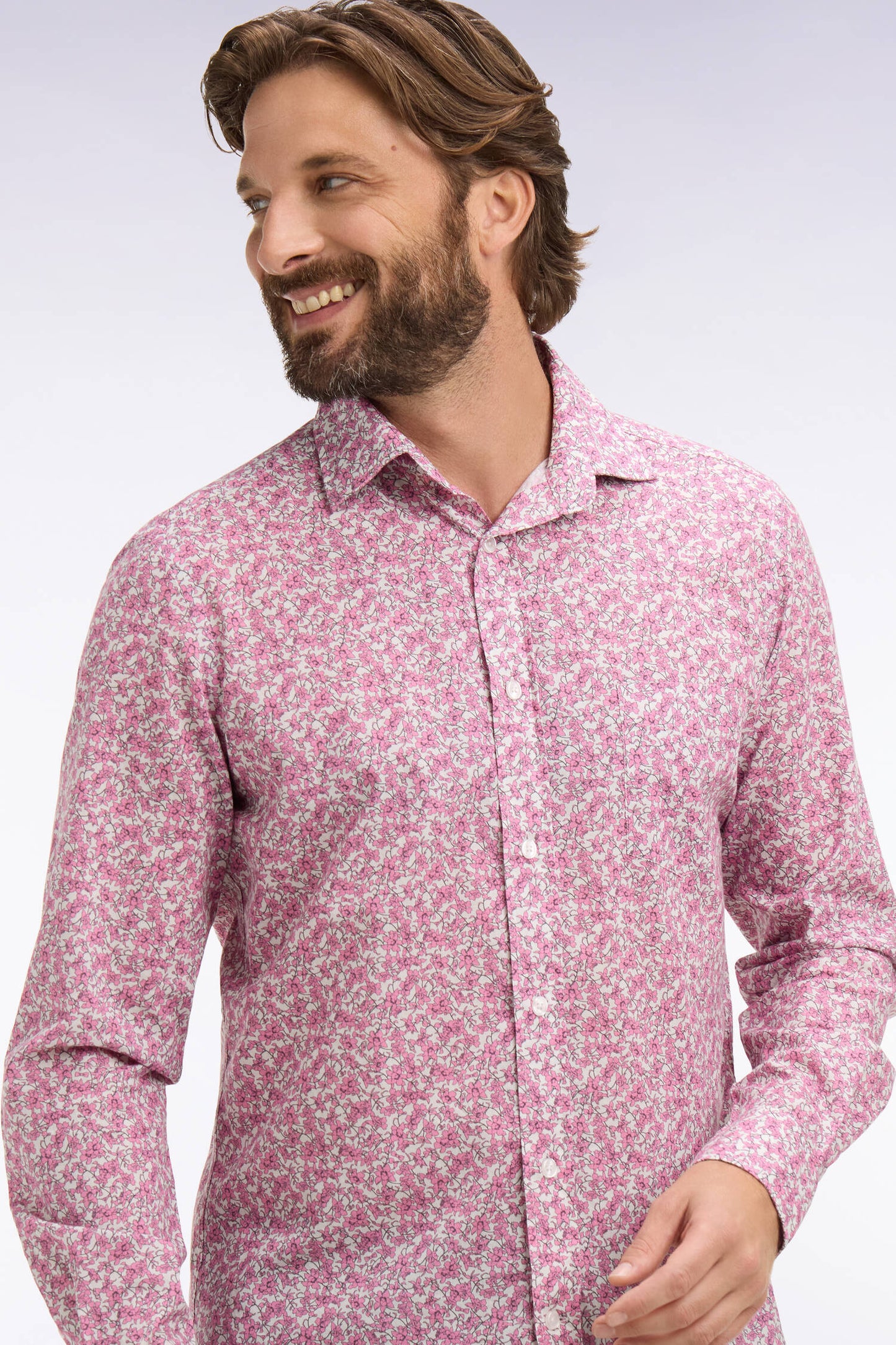 Chemise en popeline de coton rose à micromotifs floral coupe slim