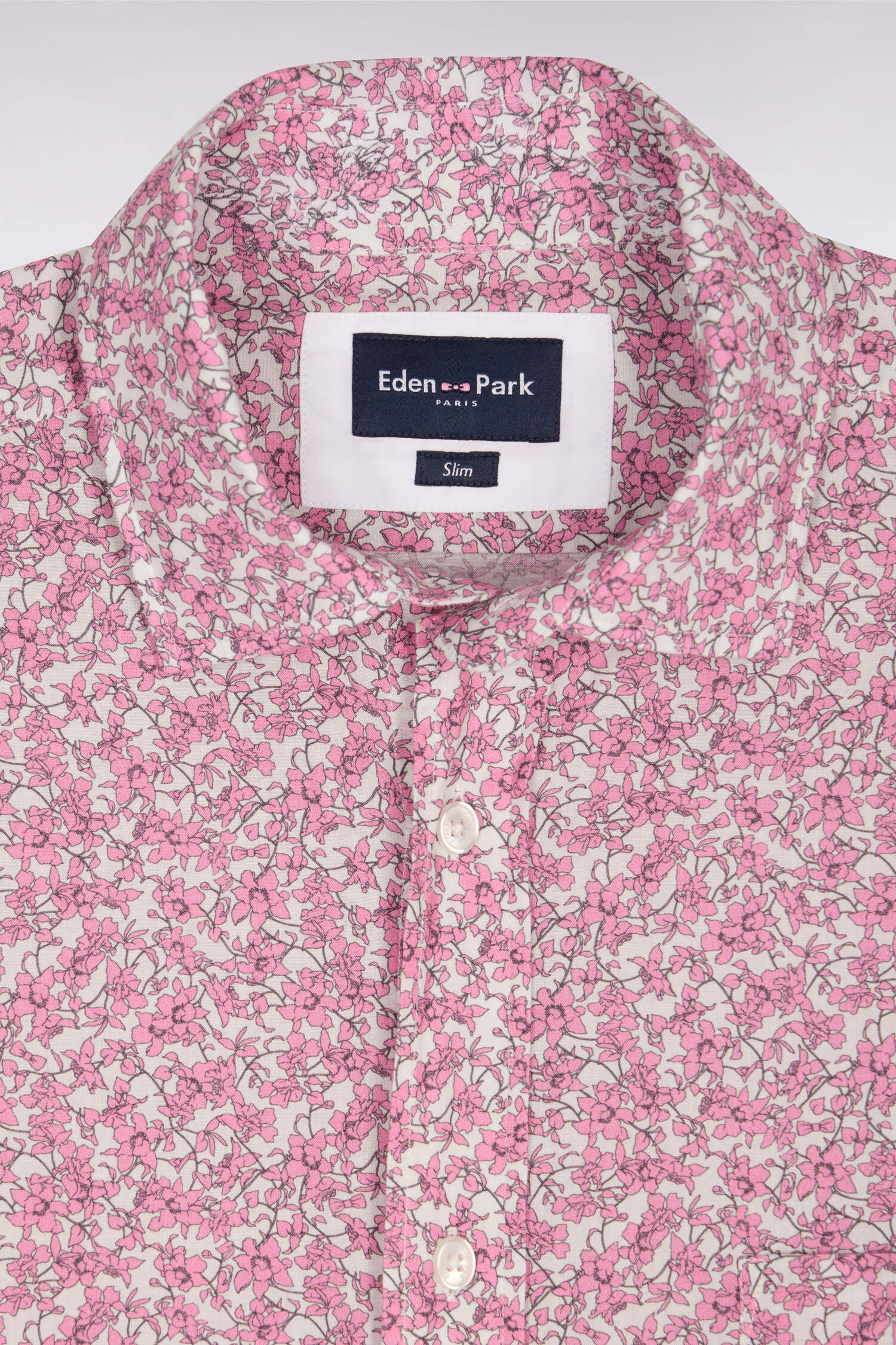 Chemise en popeline de coton rose à micromotifs floral coupe slim