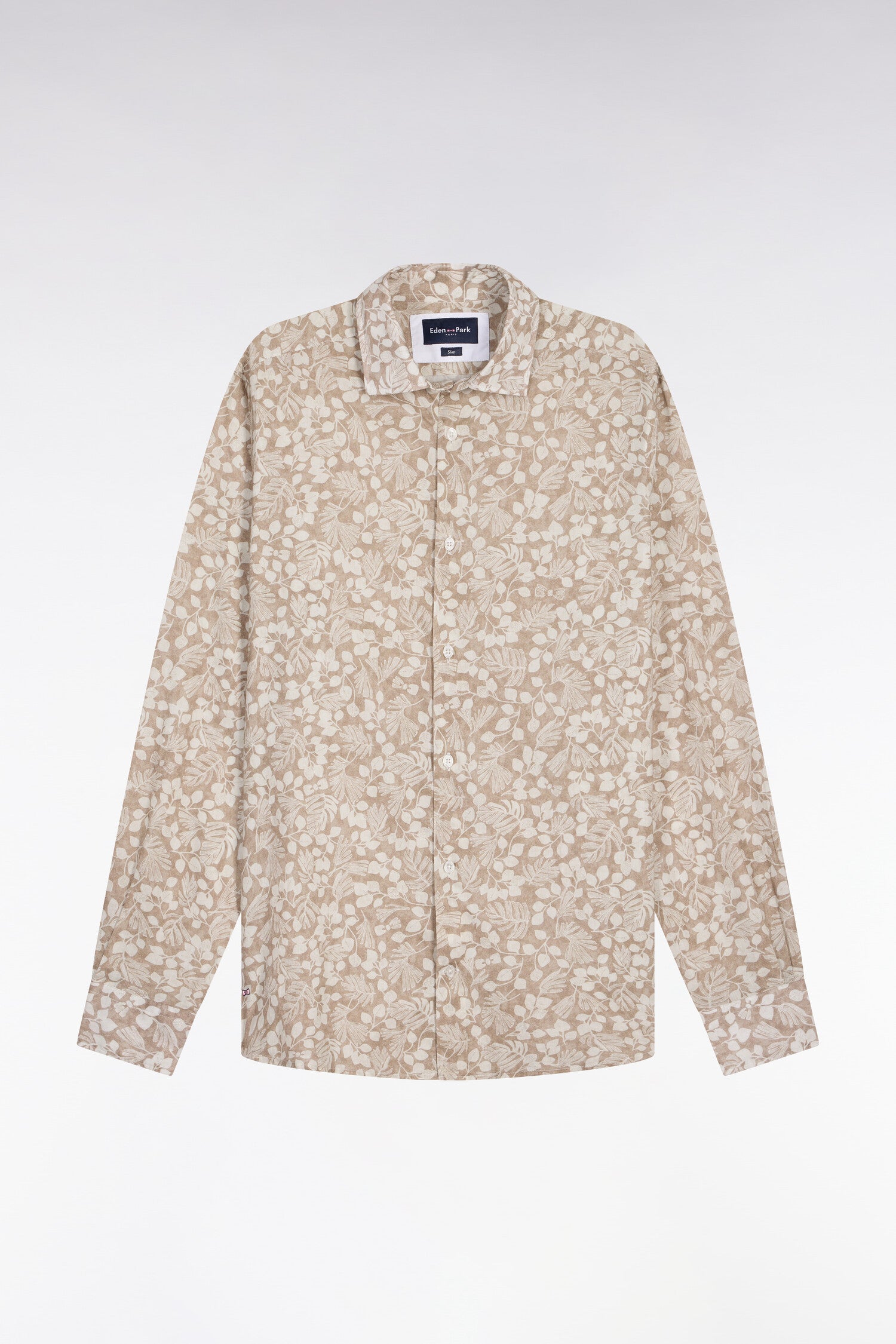 Chemise en popeline de coton beige à micromotifs végétal coupe slim