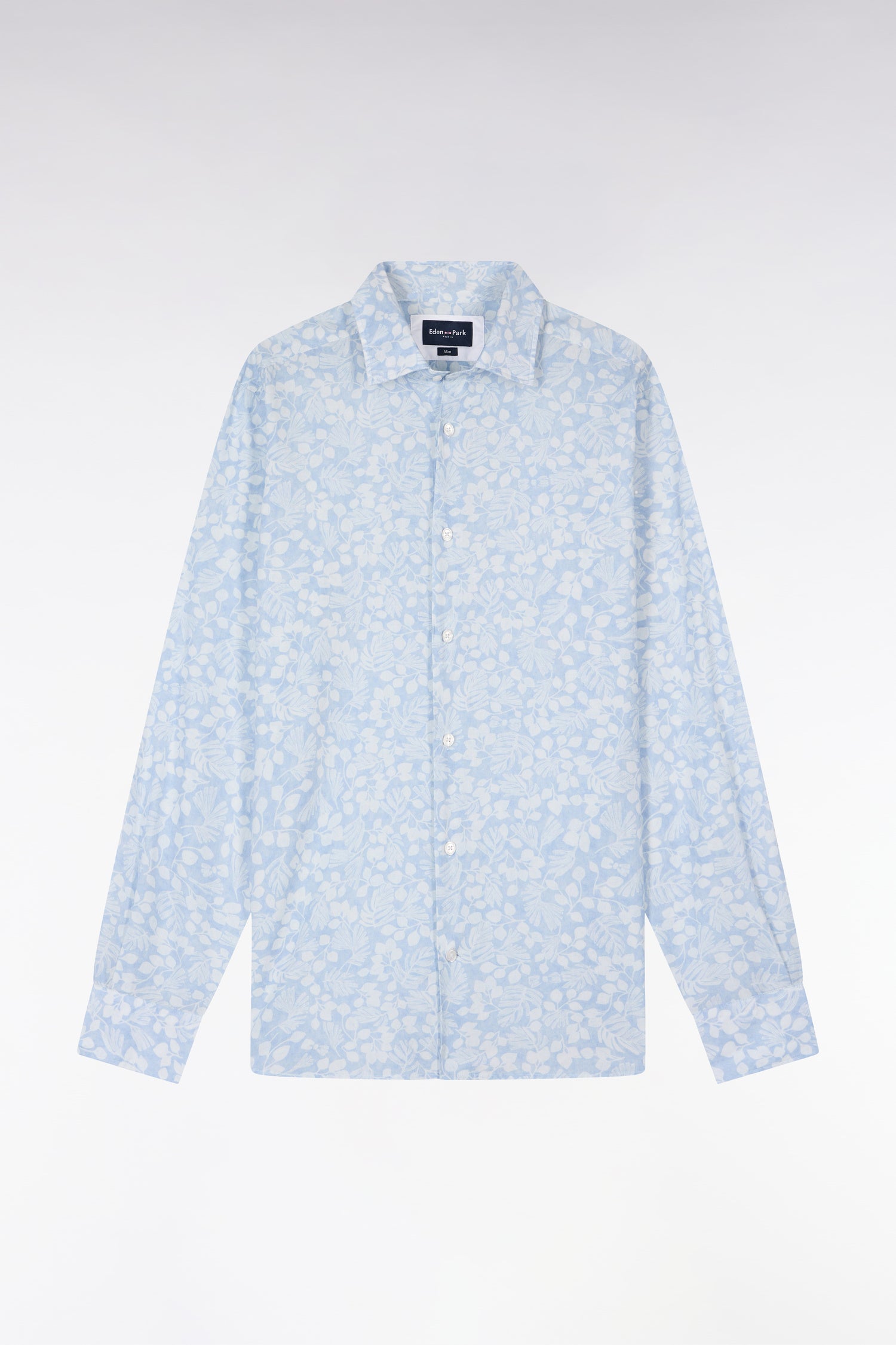 Chemise en popeline de coton bleu ciel à micromotifs végétal coupe slim