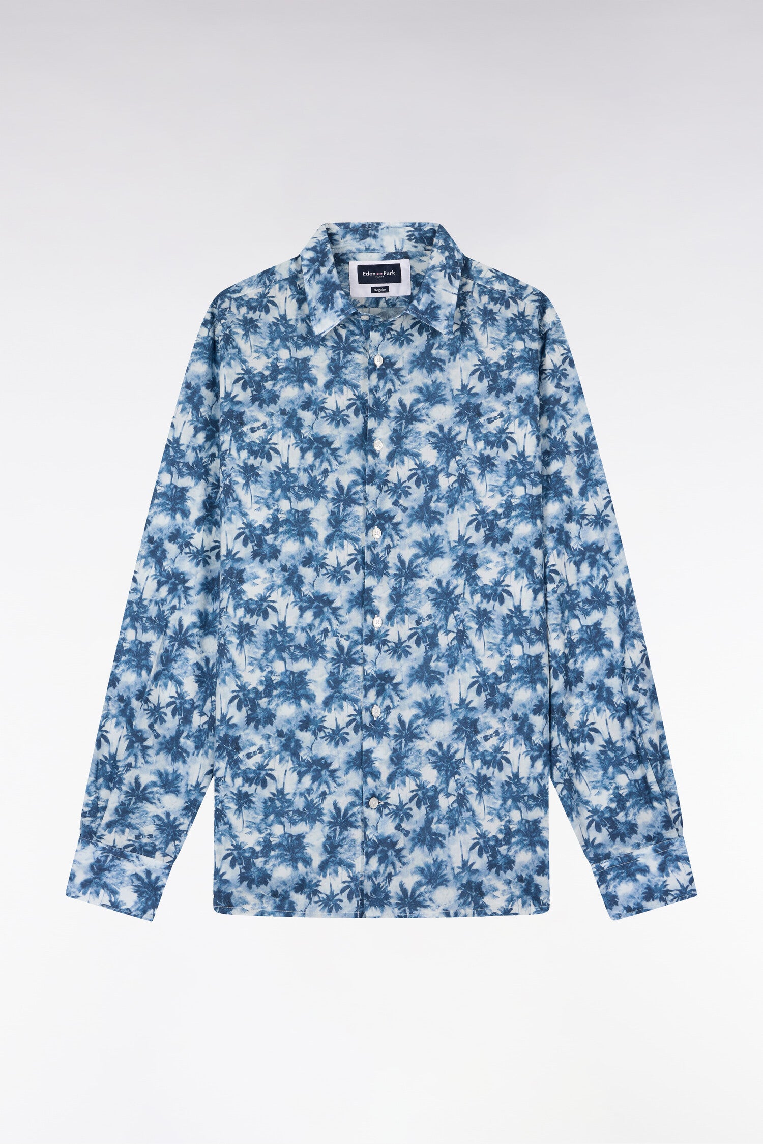 Chemise en popeline de coton imprimé palmiers bleu coupe regular