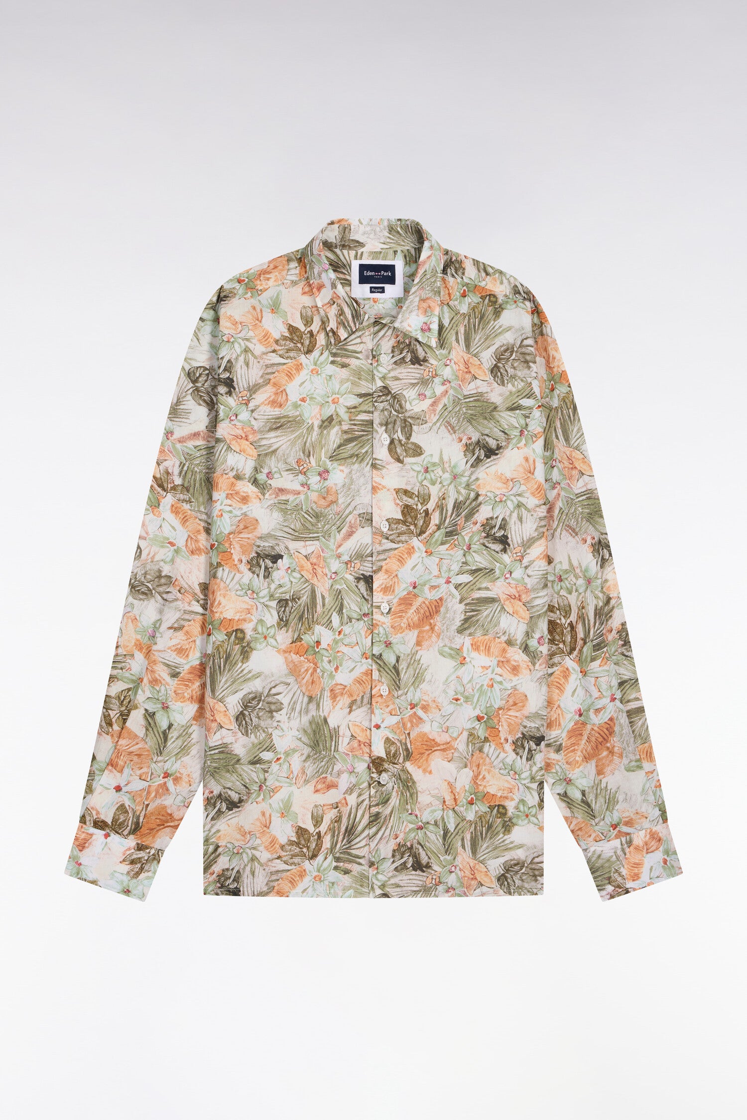 Chemise en popeline de coton beige imprimé végétal coupe regular