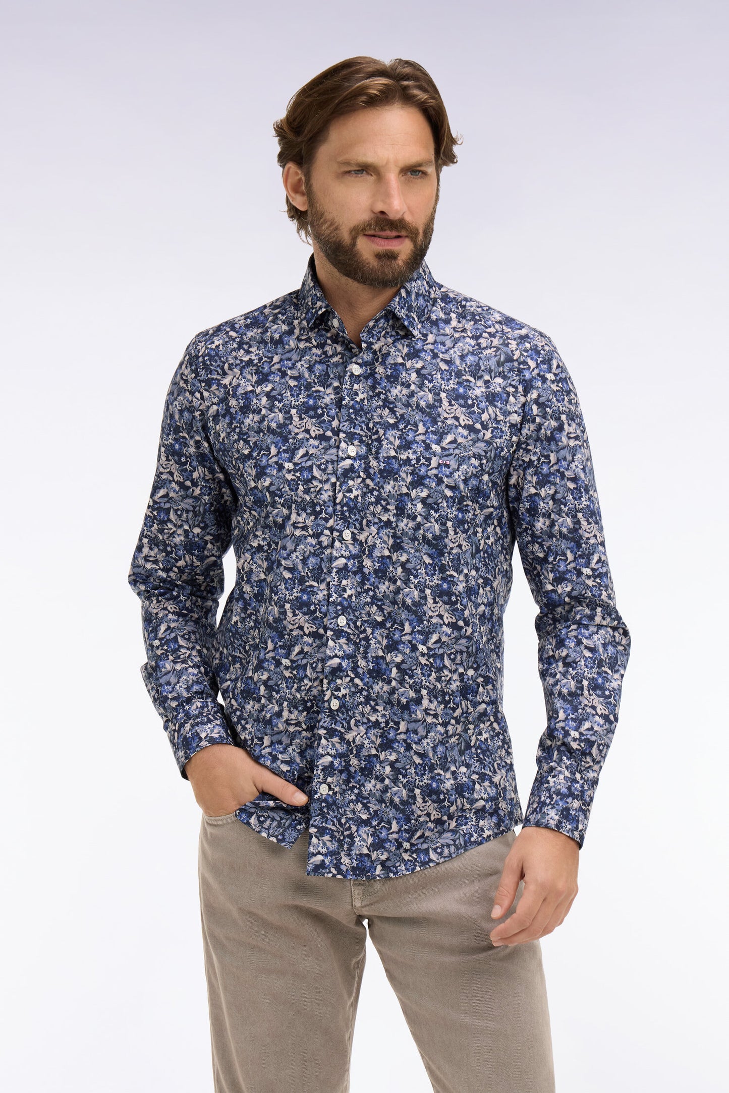 Slim fit navy cotton poplin shirt with floral microprint