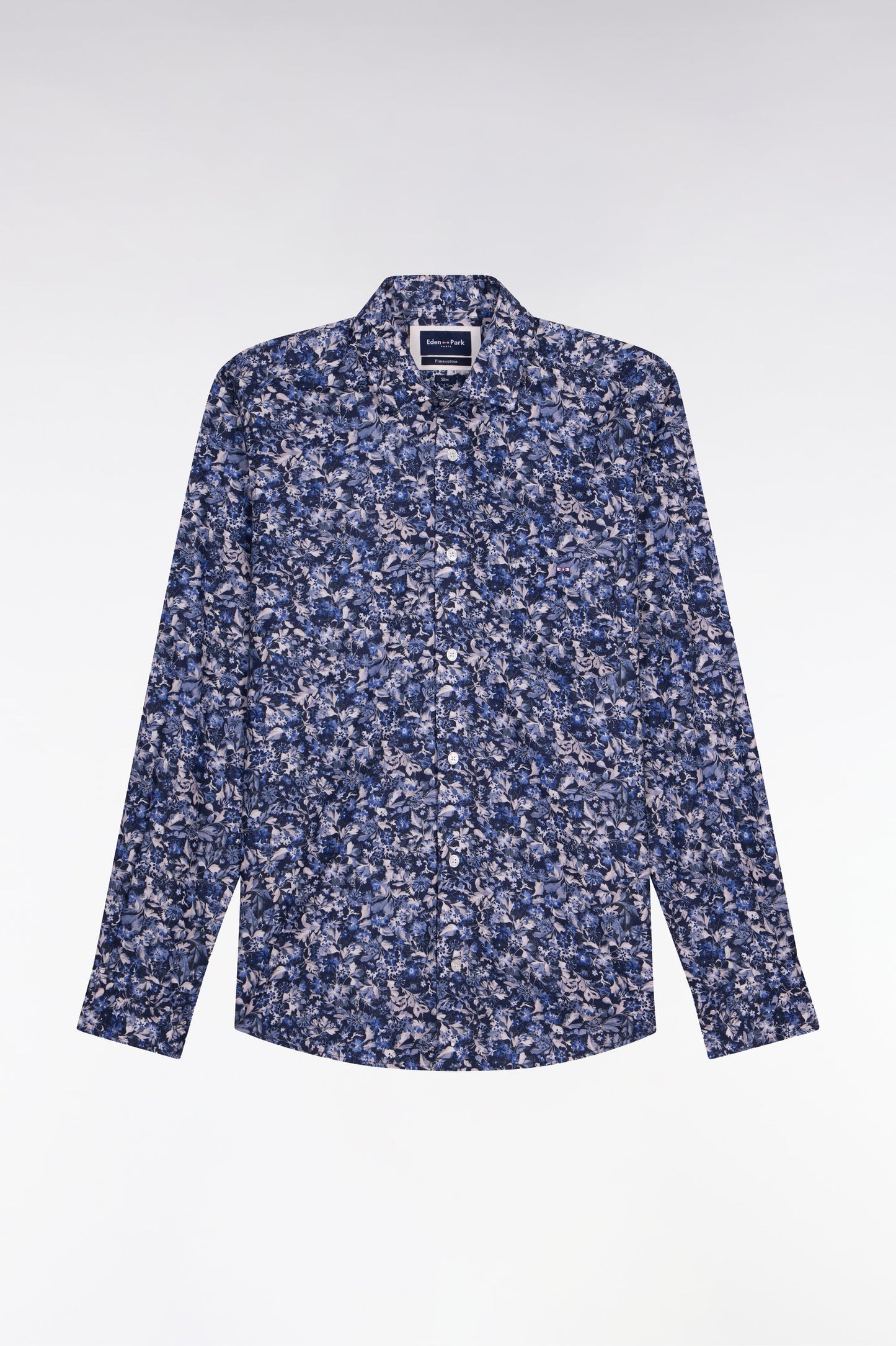 Slim fit navy cotton poplin shirt with floral microprint
