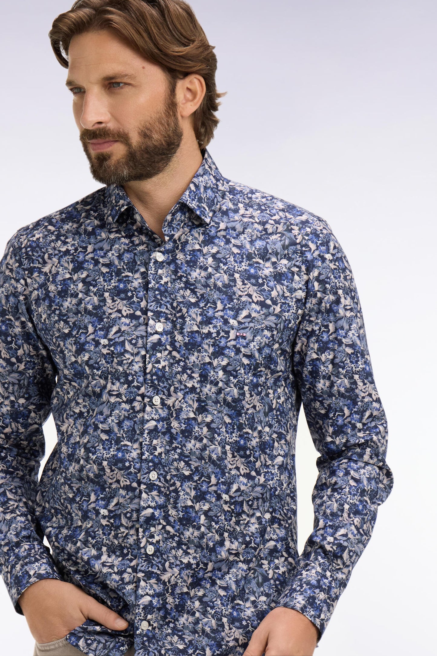 Slim fit navy cotton poplin shirt with floral microprint
