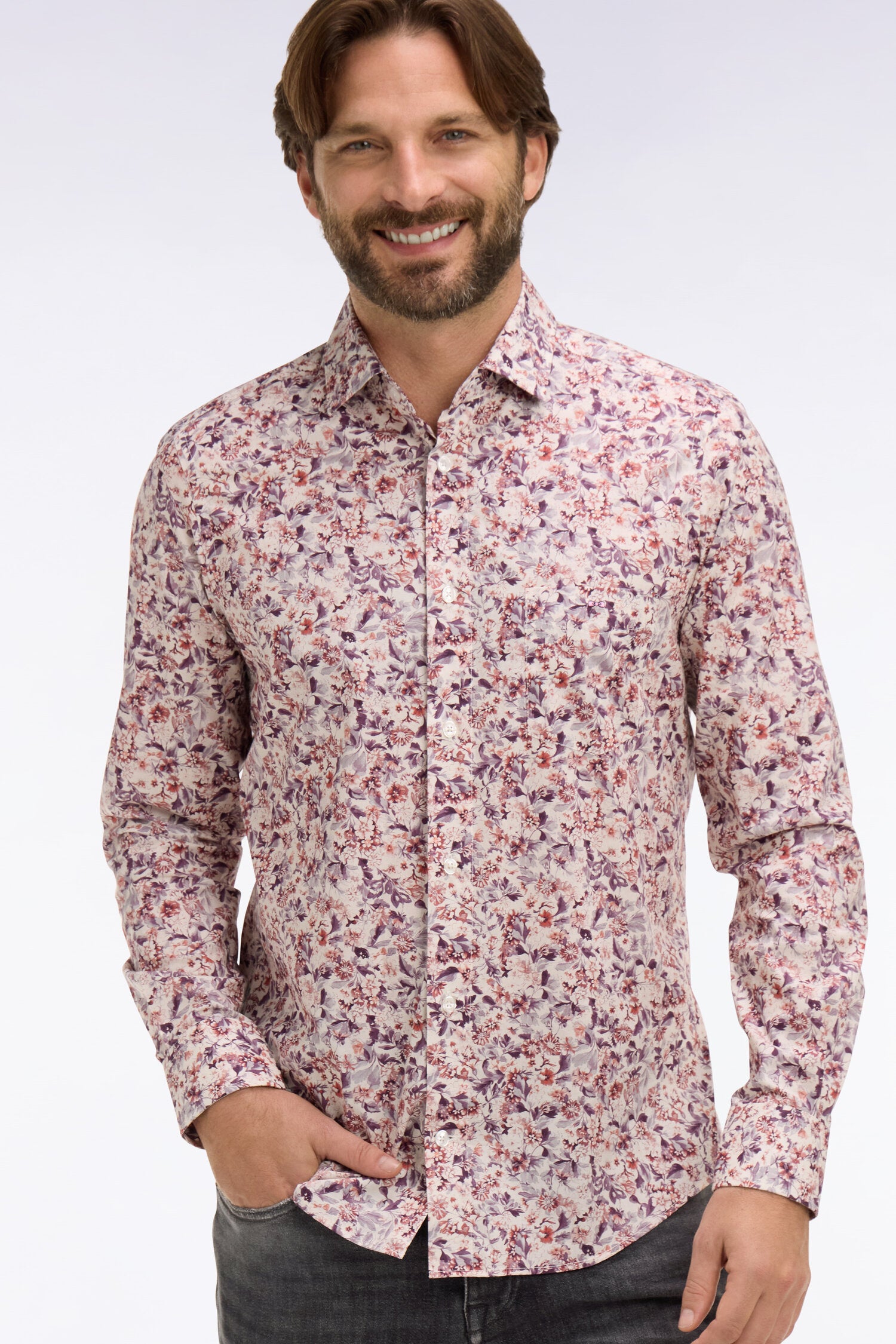 Chemise en popeline de coton blanche à microimprimé floral coupe slim