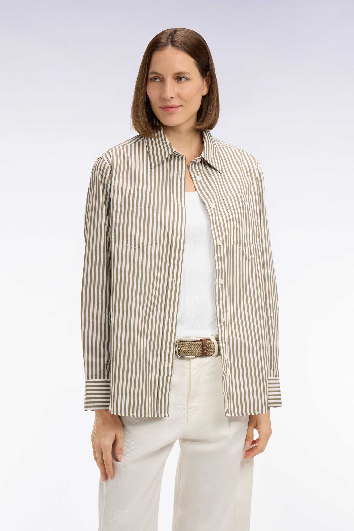 Chemise rayée en popeline de coton beige coupe slim