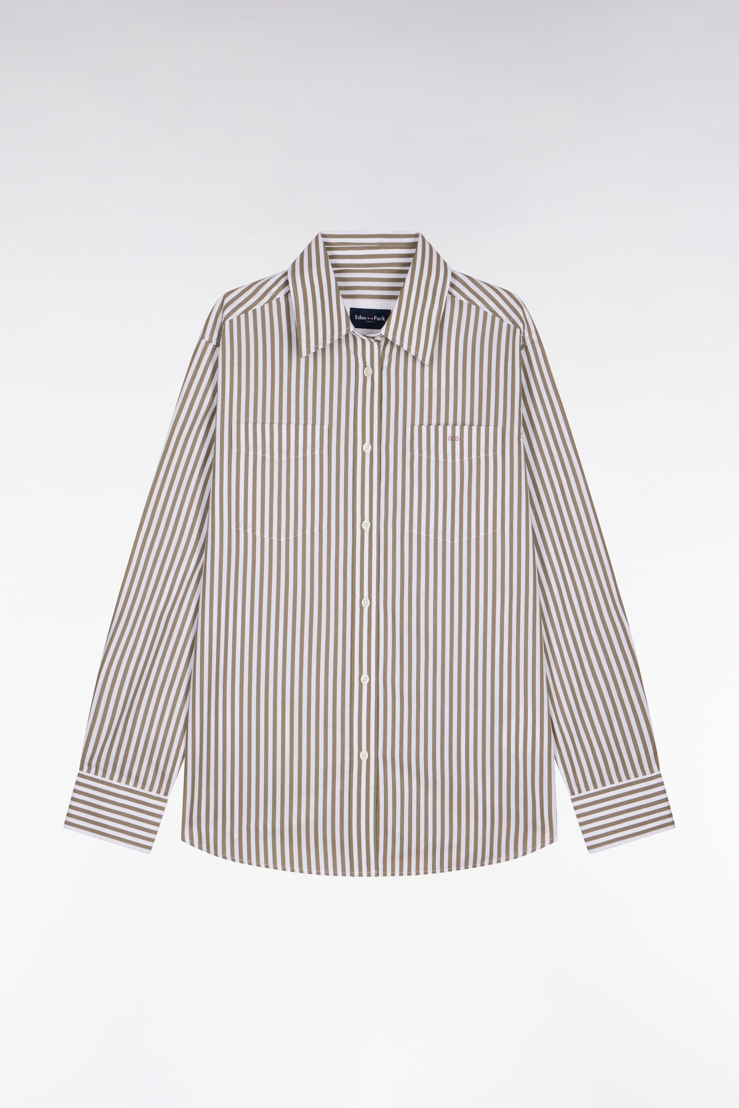 Chemise rayée en popeline de coton beige coupe slim