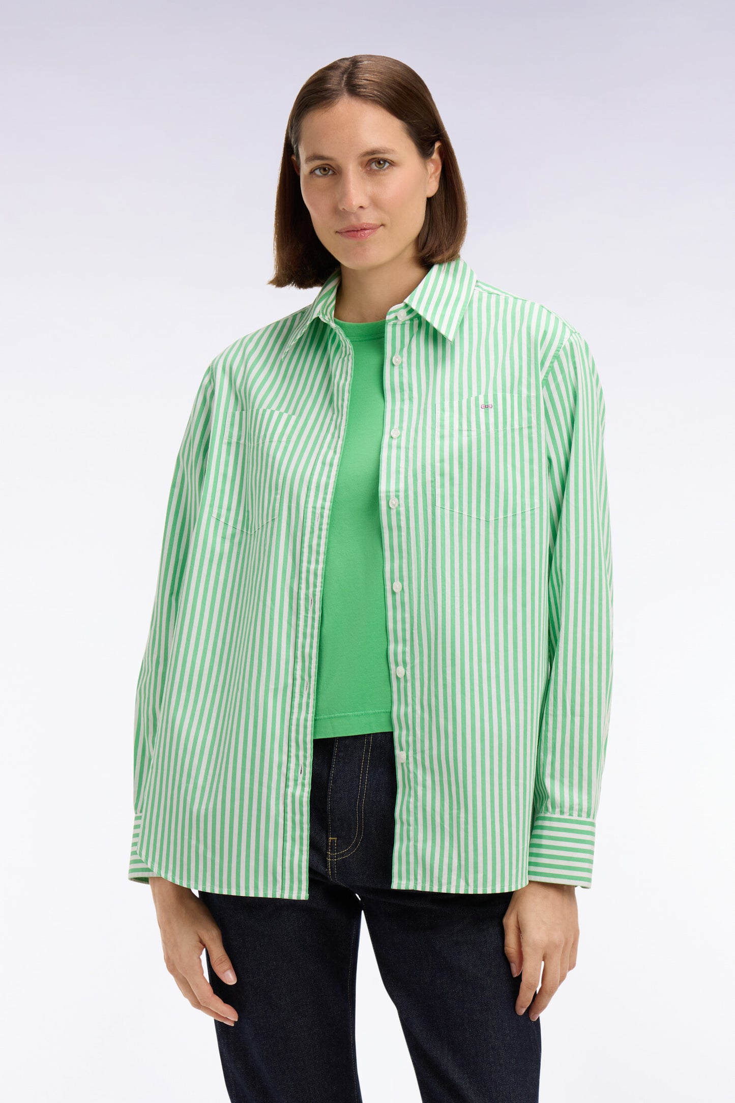 Chemise rayée en popeline de coton verte coupe slim