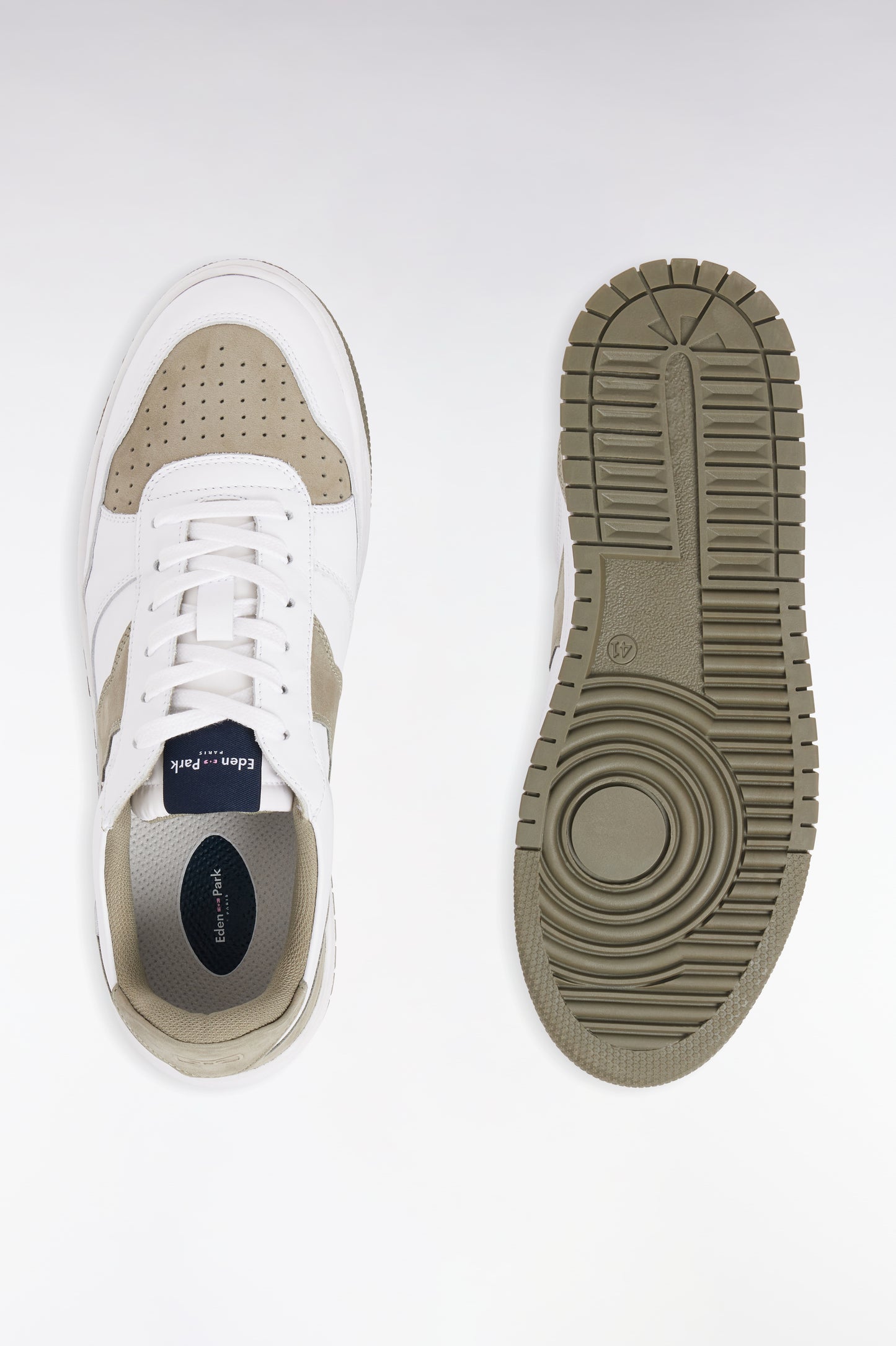 Sneakers bicolores en cuir lisse blanc et cuir suédé kaki