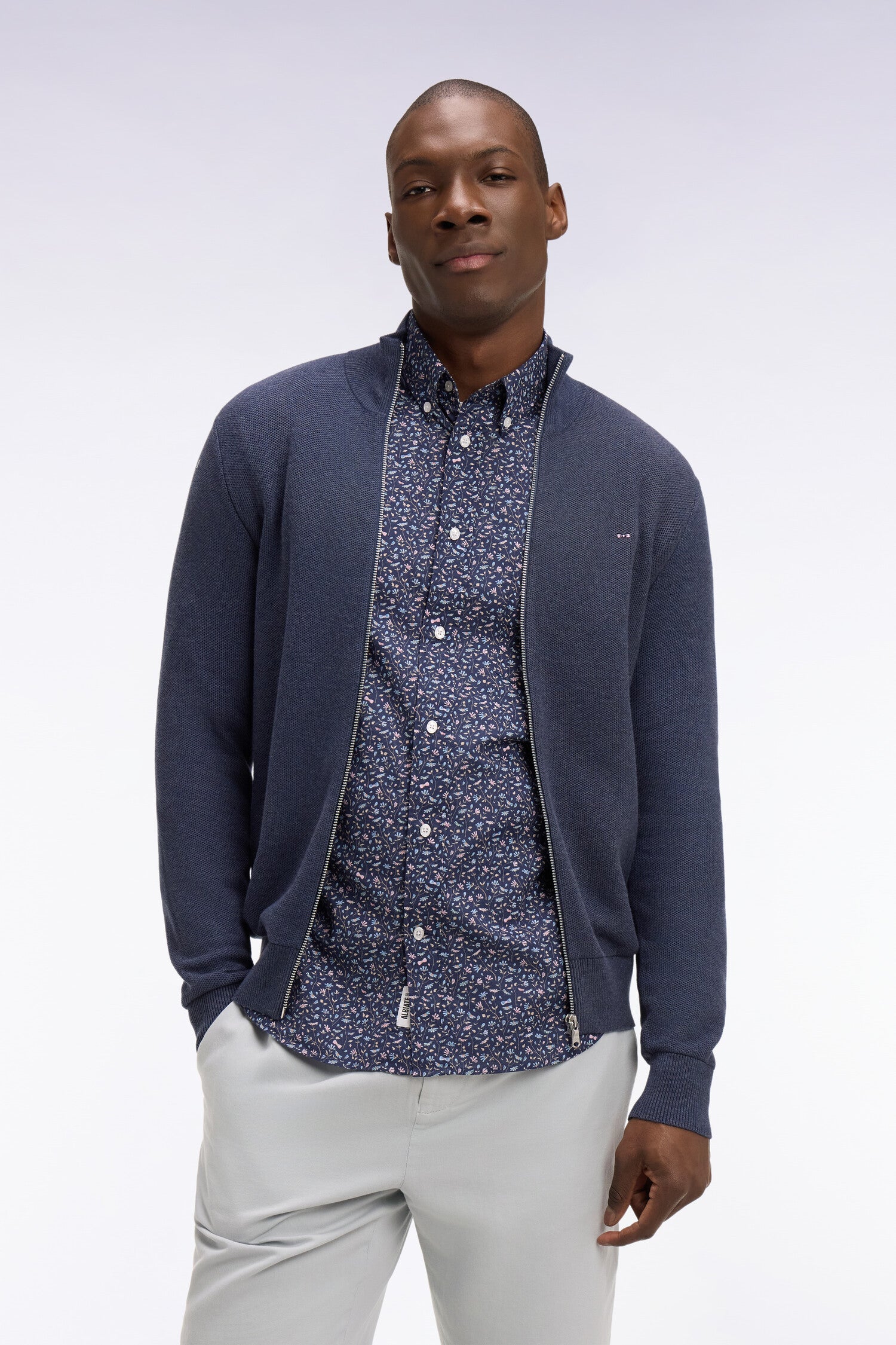 Cardigan zippé en coton bleu foncé