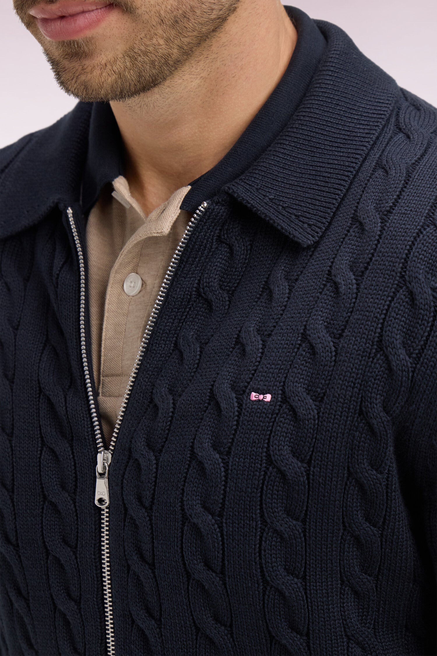 Cardigan zippé à torsade en coton marine