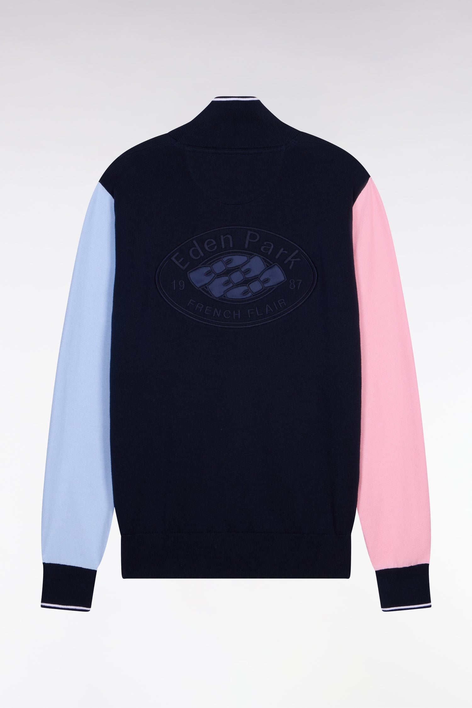 Cardigan col camionneur en coton marine à manches contrastées