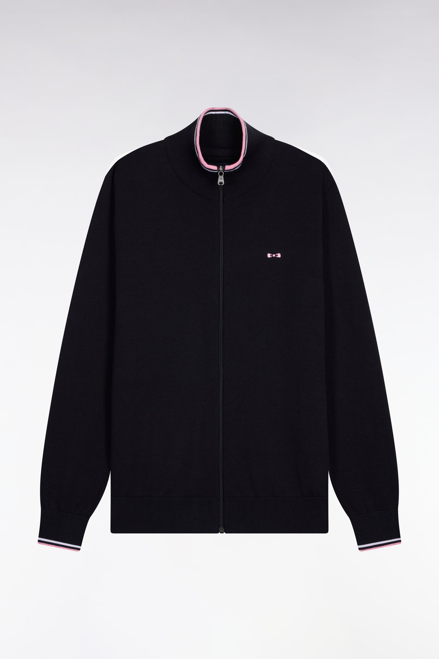Cardigan zippé en coton marine à bords-côtes rayés