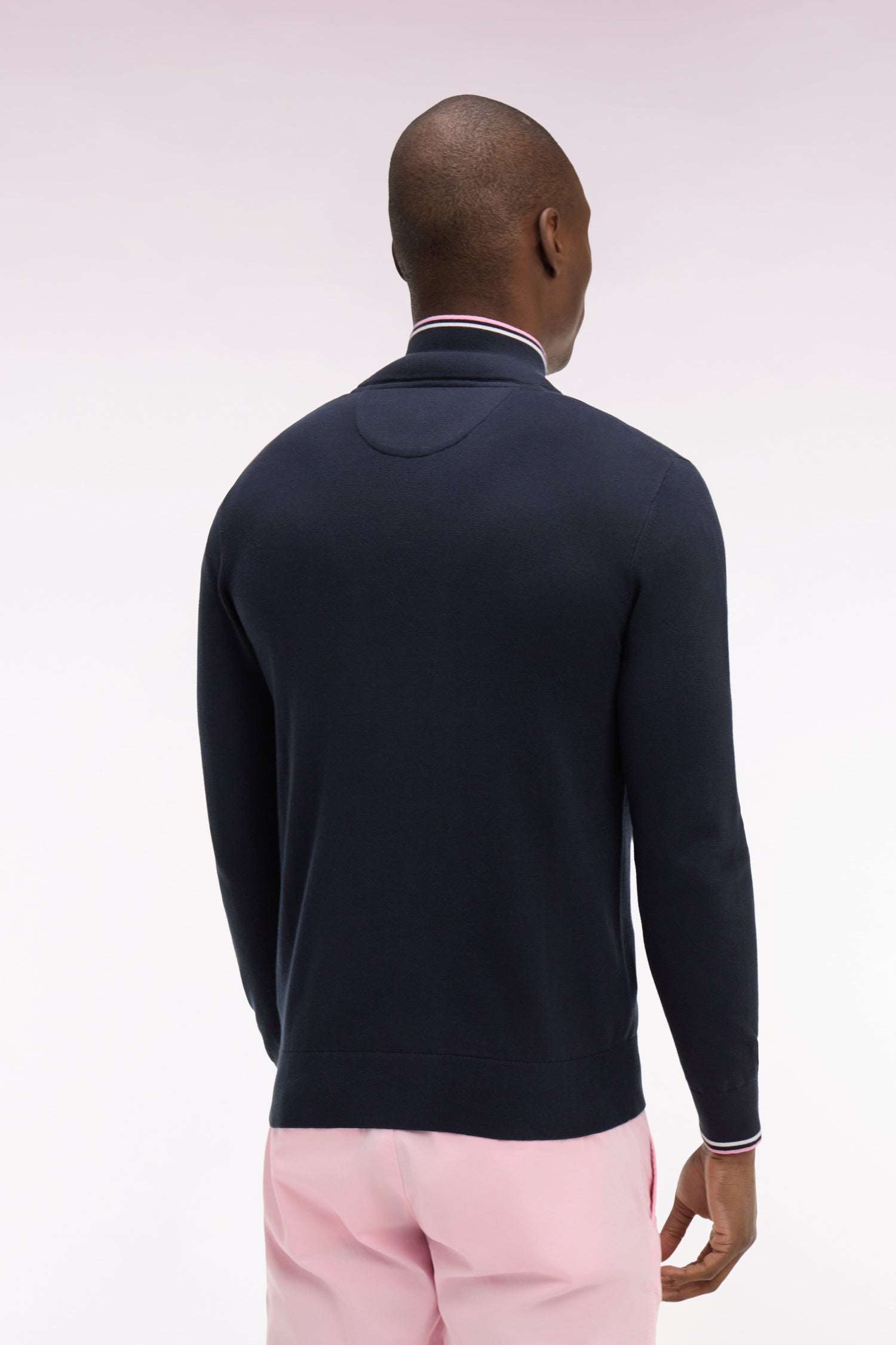 Cardigan zippé en coton marine à bords-côtes rayés