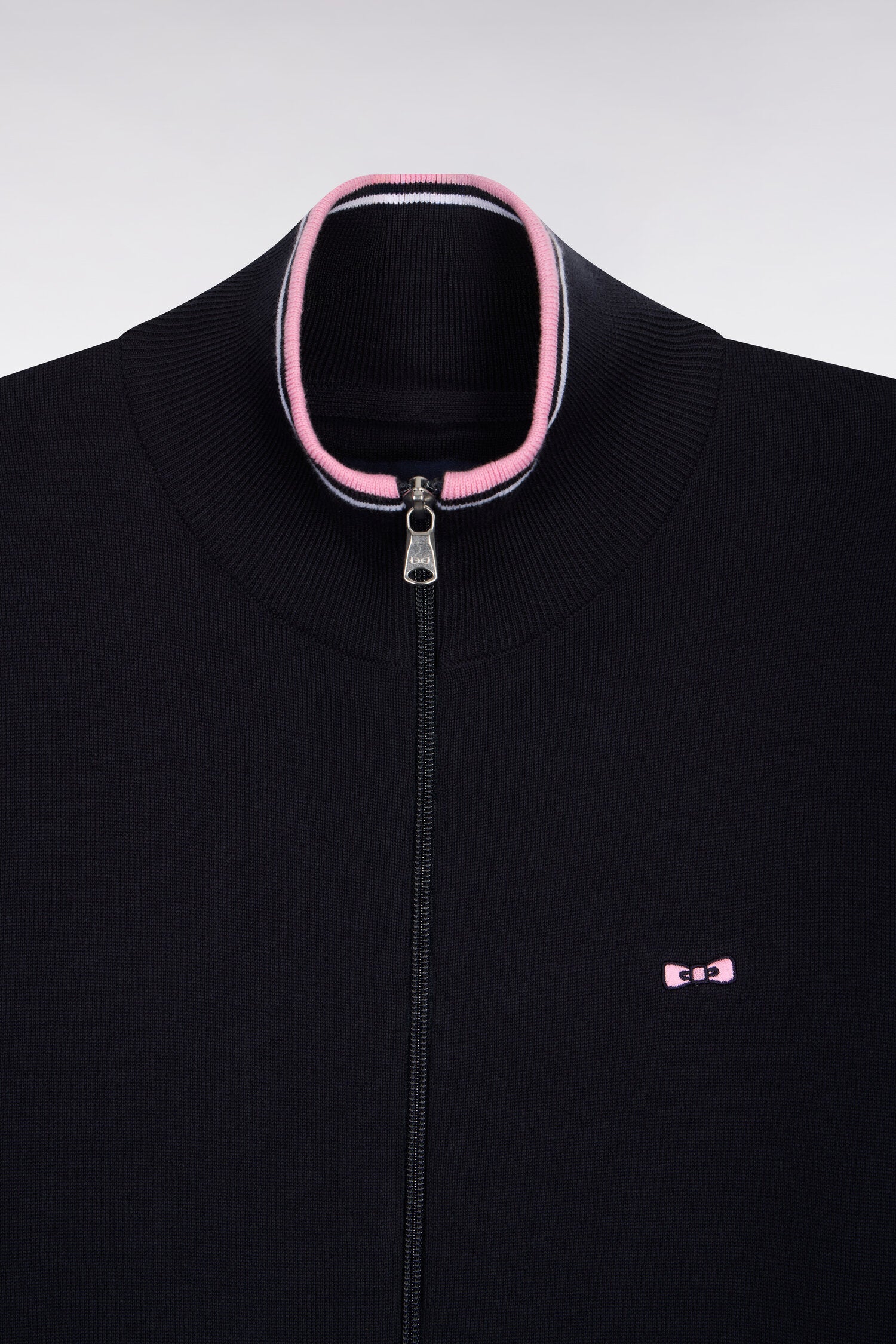 Cardigan zippé en coton marine à bords-côtes rayés