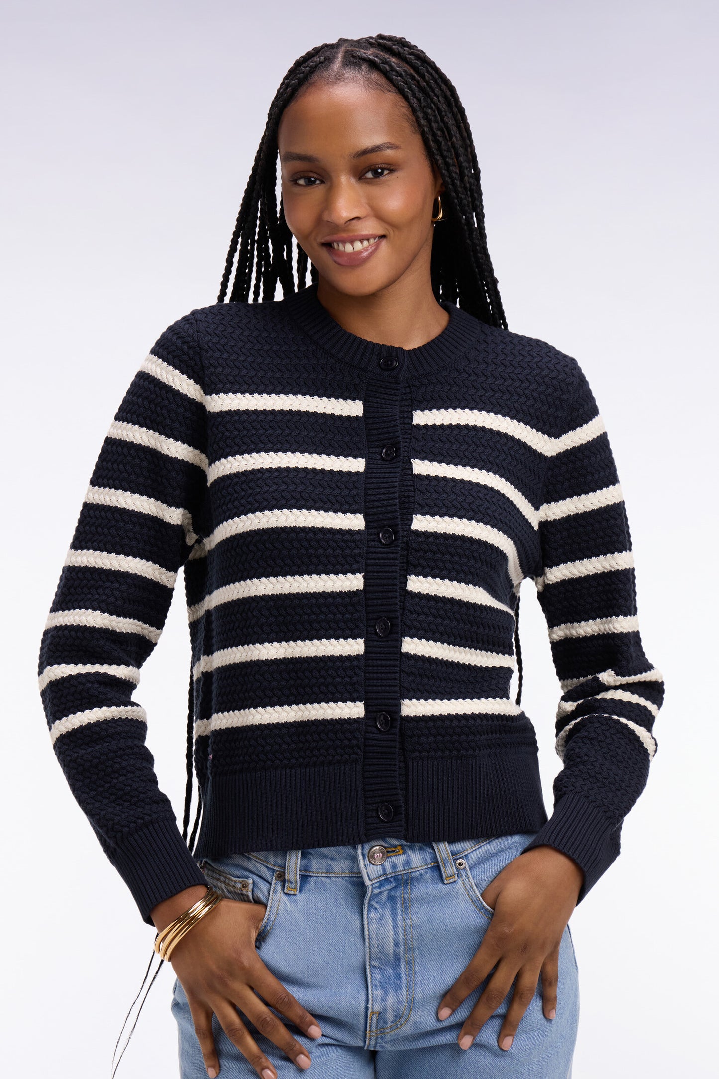 Cardigan marinière en maille tressée marine