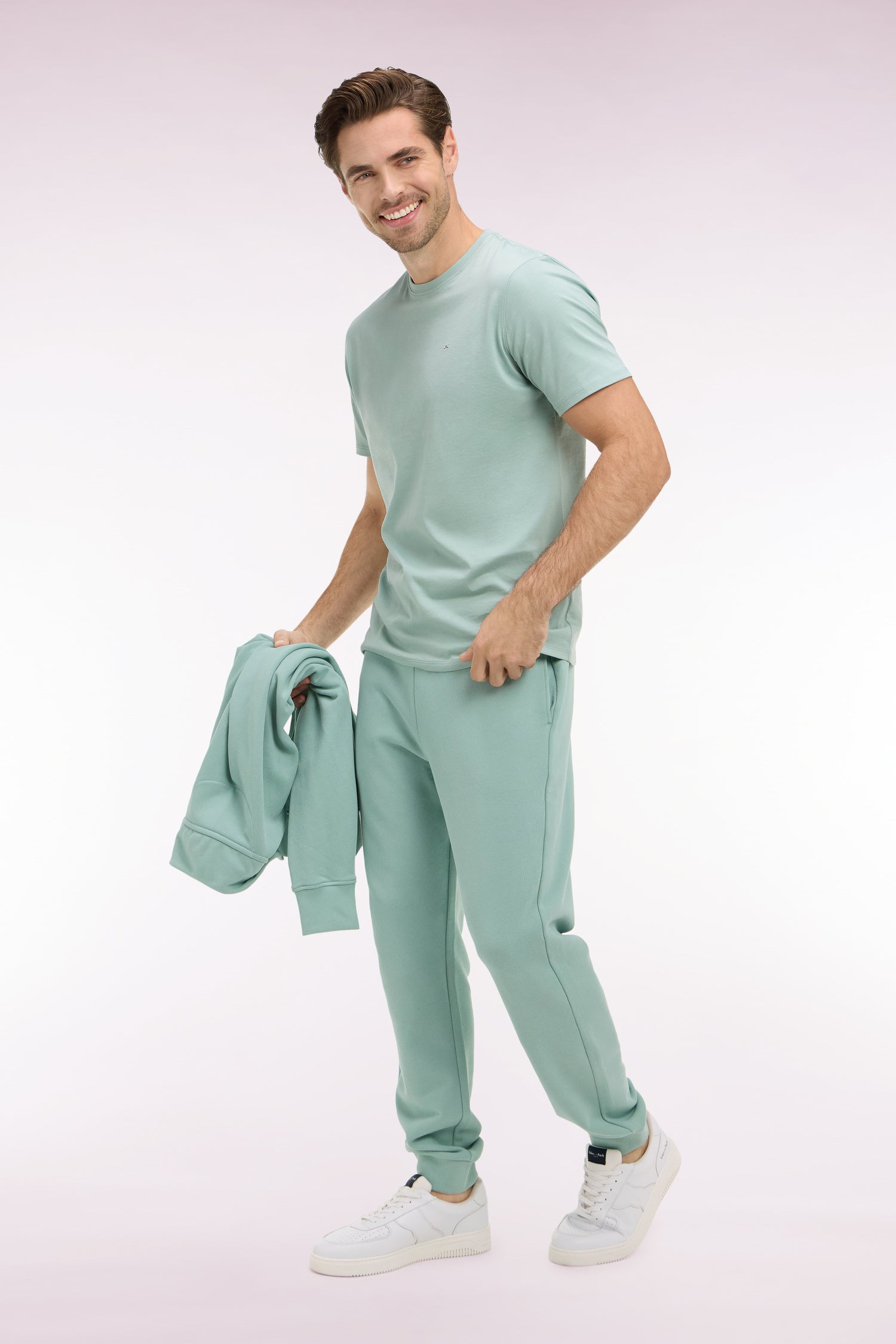 Jogging uni en molleton coton vert d'eau coupe regular