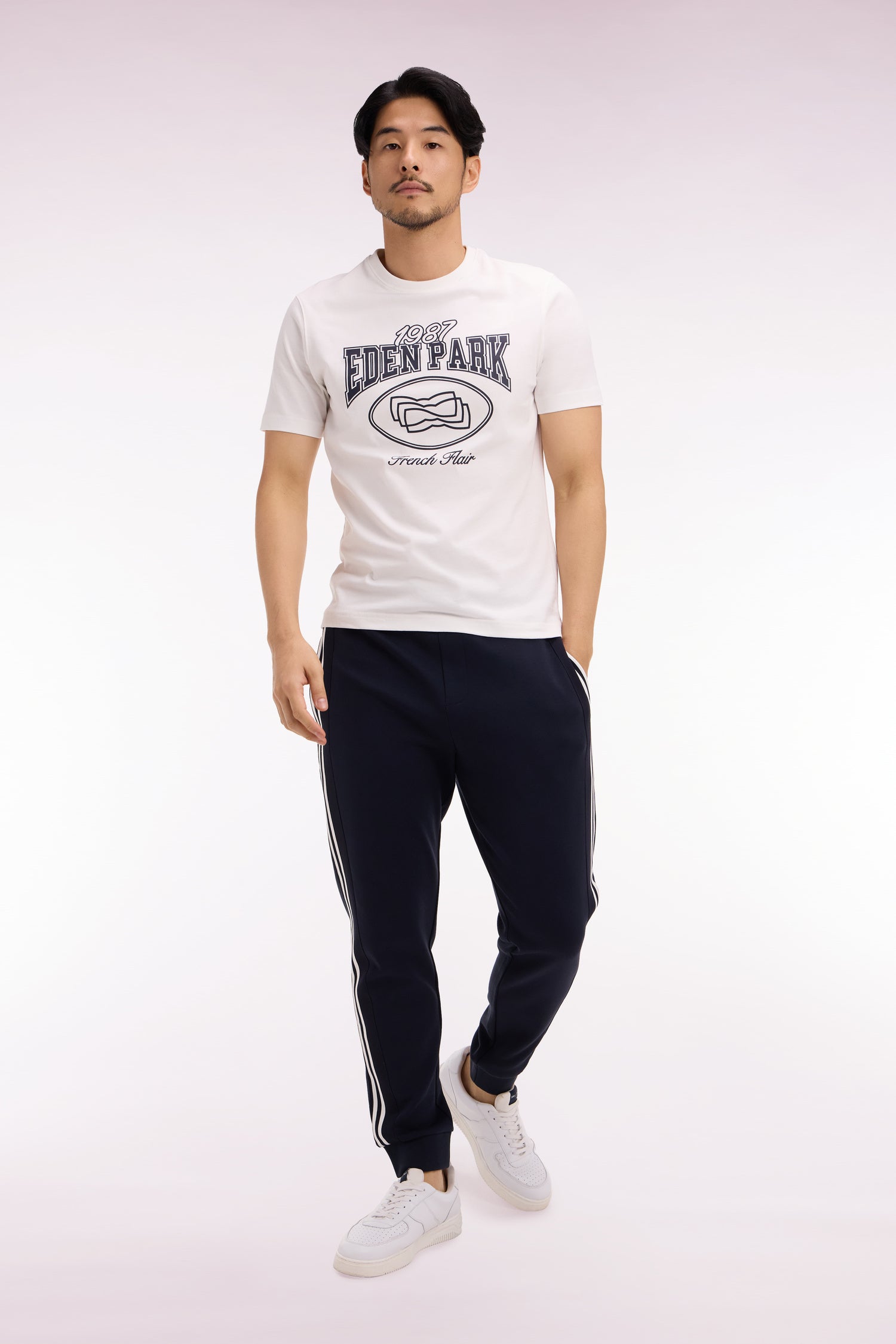 pantalón jogger en algodón mélangé azul marino con paneles en contraste corte Regular
