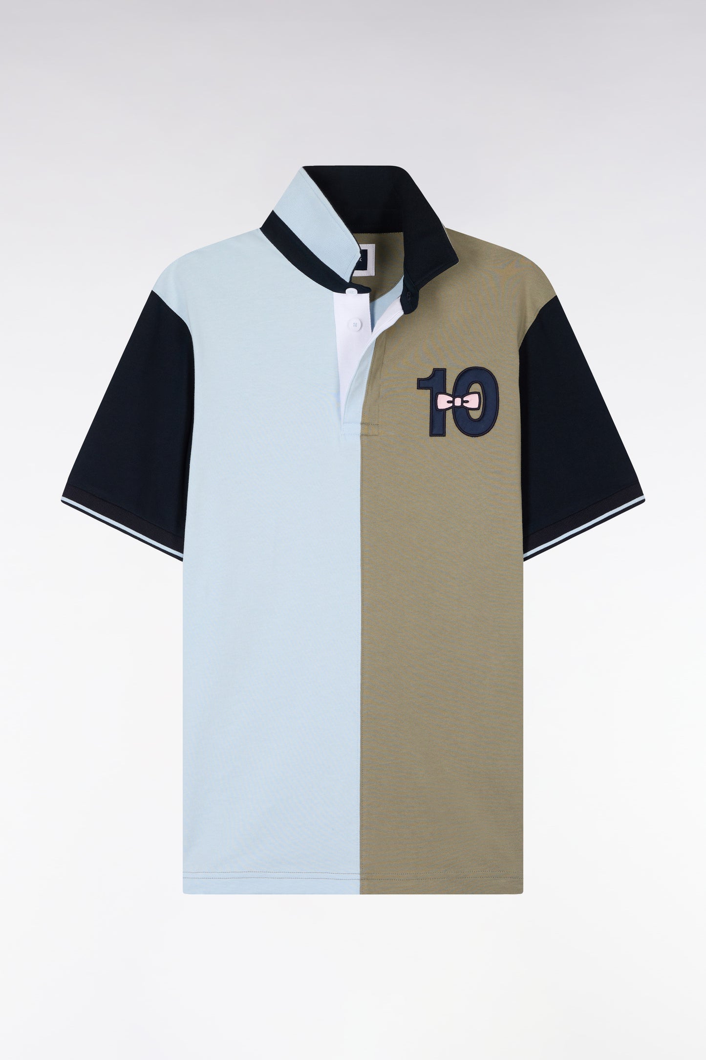 Maillot à manches courtes en coton bicolore kaki et bleu ciel broderie 10 coupe Regular