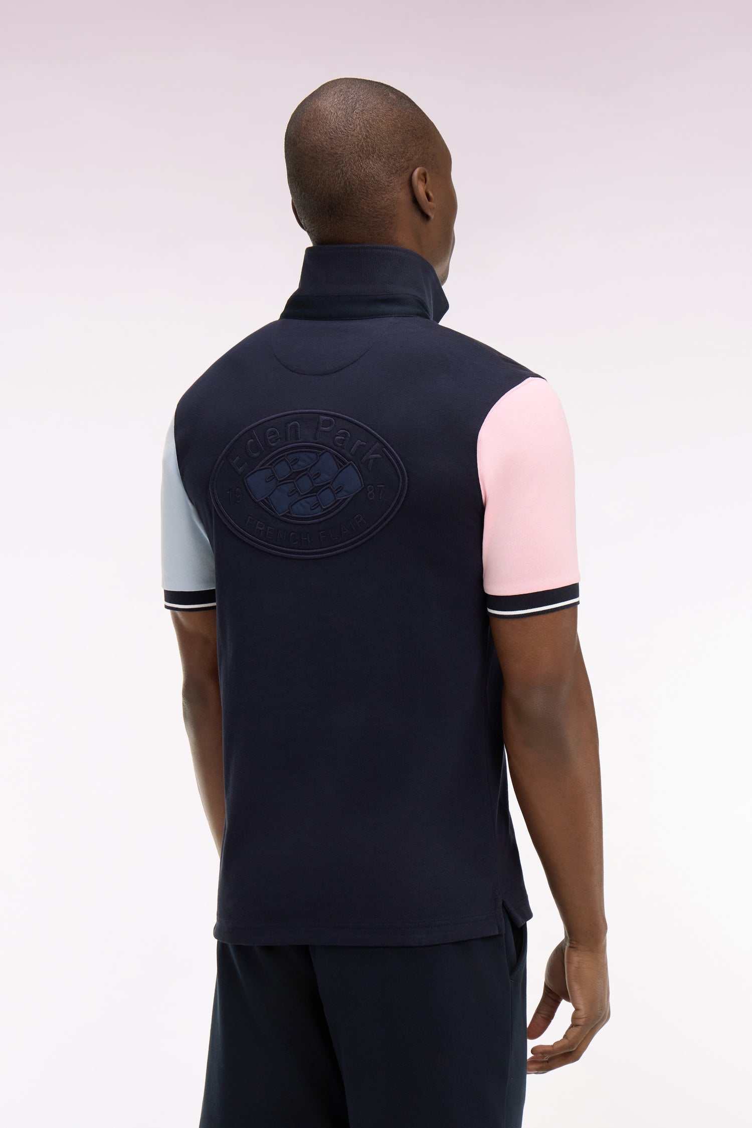 Maillot à manches courtes en jersey coton marine colorblock coupe regular