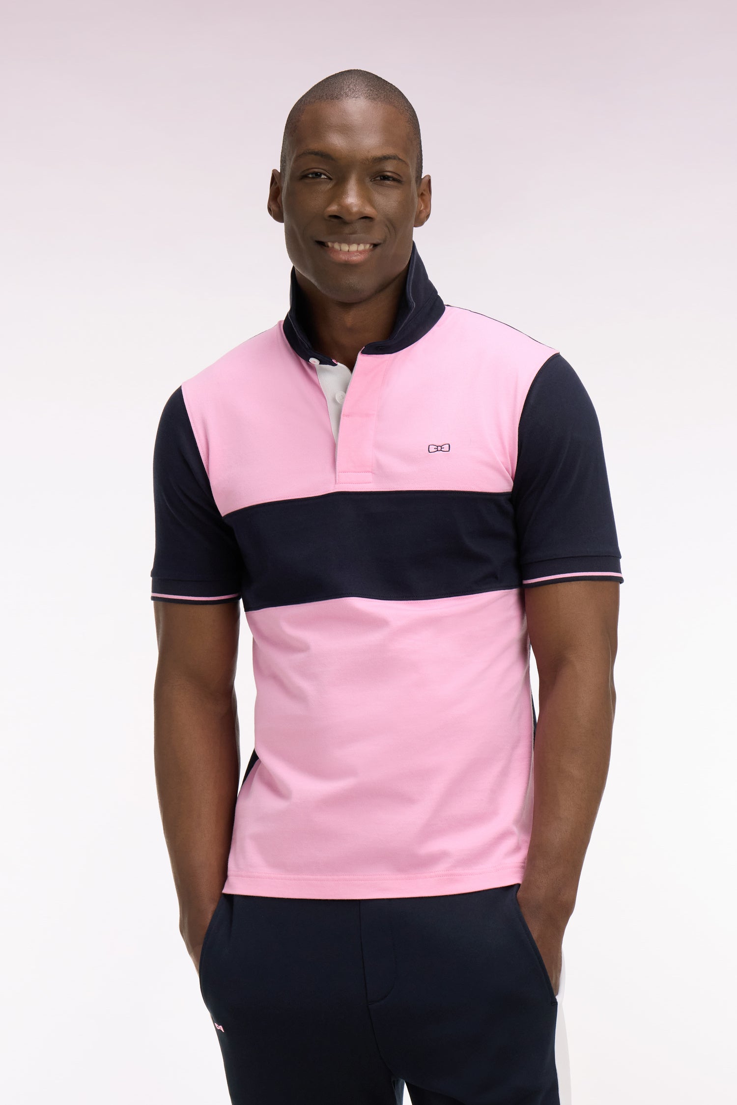 Maillot à manches courtes en coton rose et marine coupe regular
