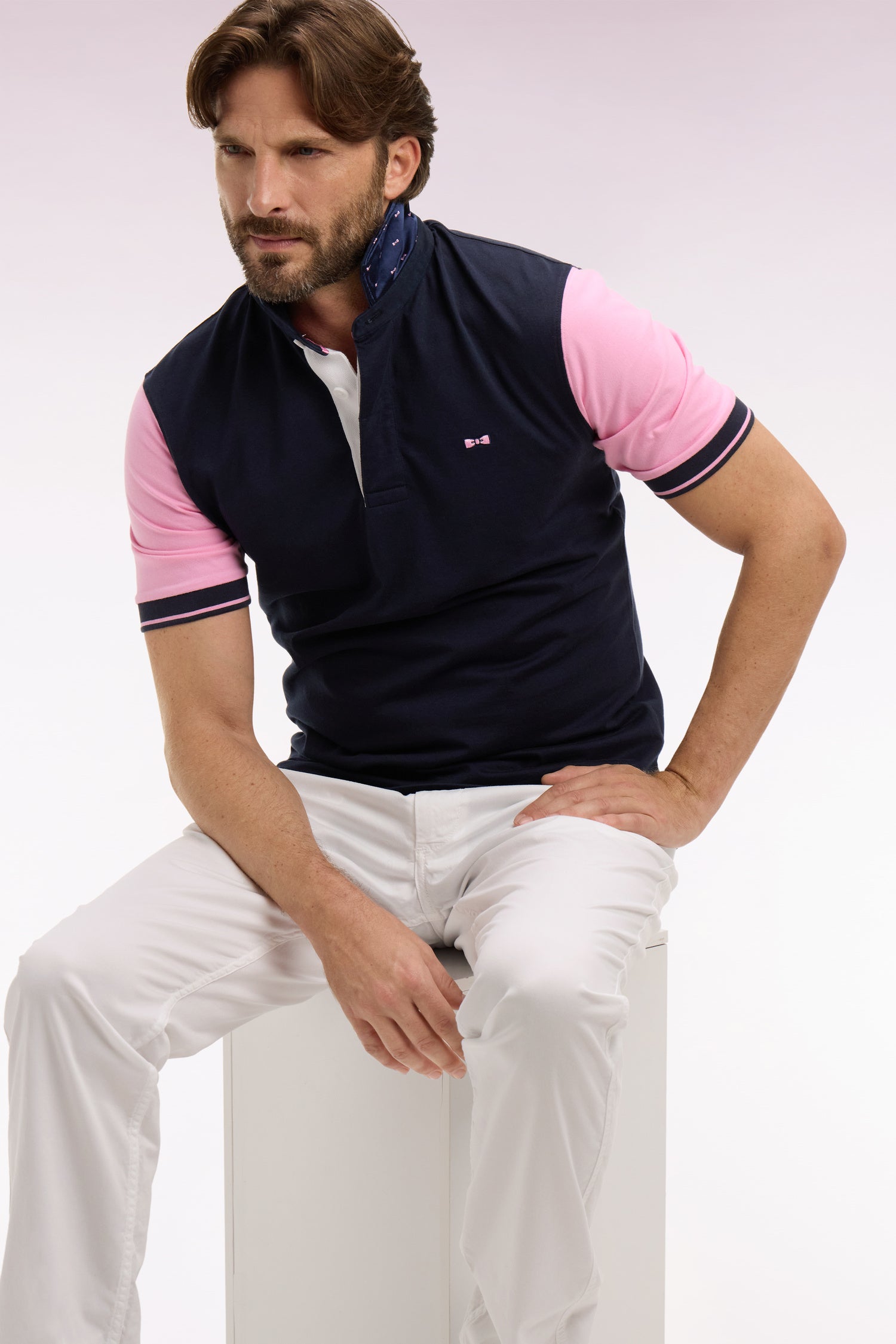 camiseta de rugby de manga corta en algodón rosa y azul marino corte Regular bordado en la espalda