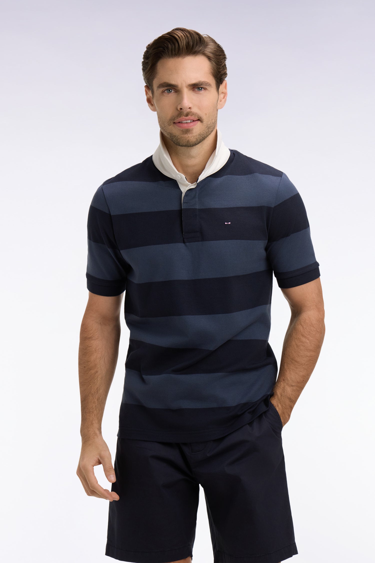 Maillot à manches courtes en coton rayé marine et gris coupe regular
