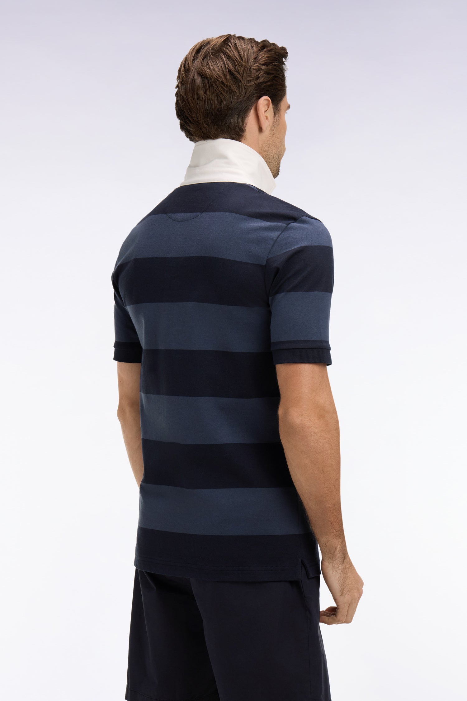 Maillot à manches courtes en coton rayé marine et gris coupe regular