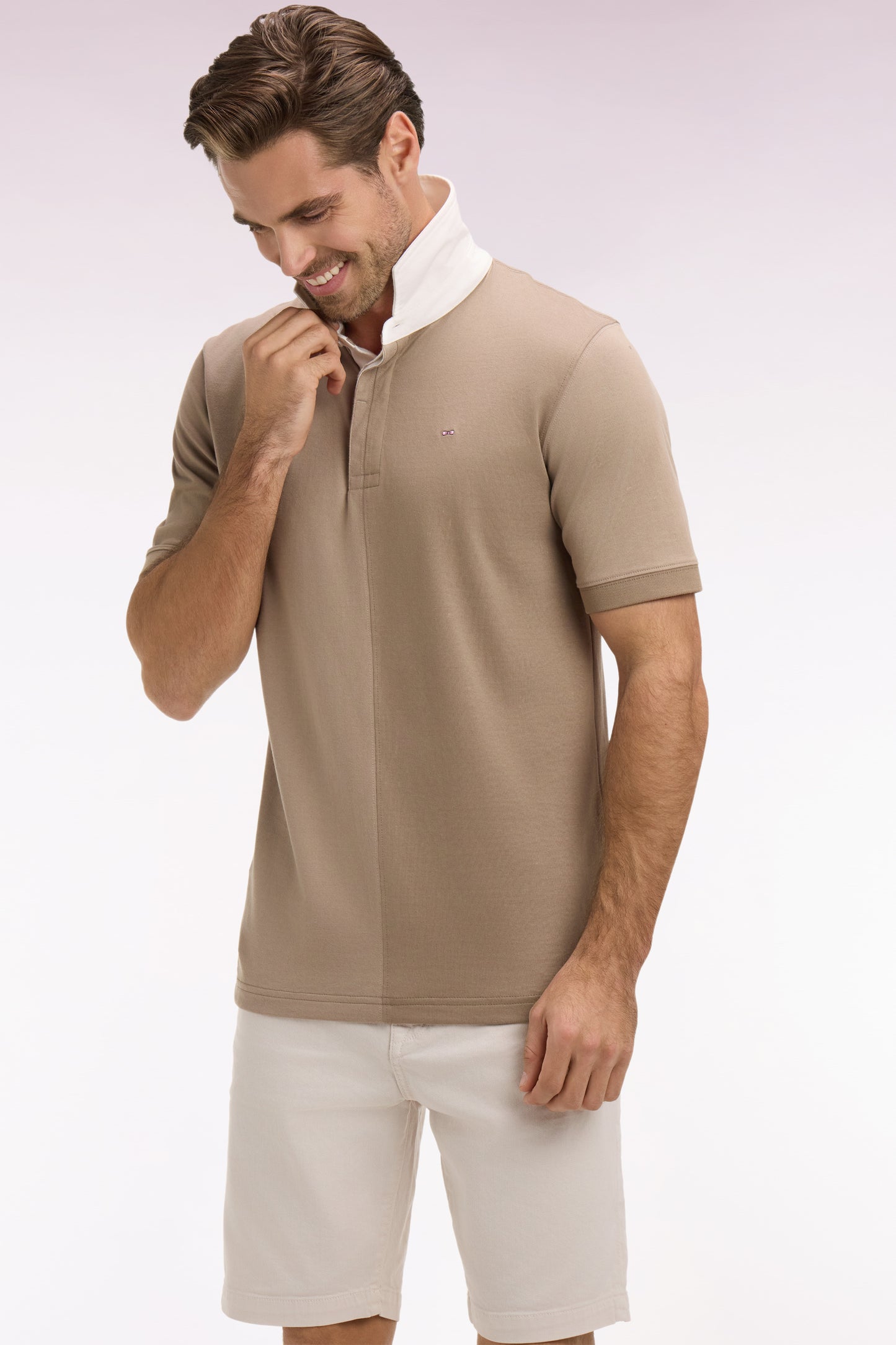 Short-sleeved jersey with vertical cutouts in beige cotton, regular fit