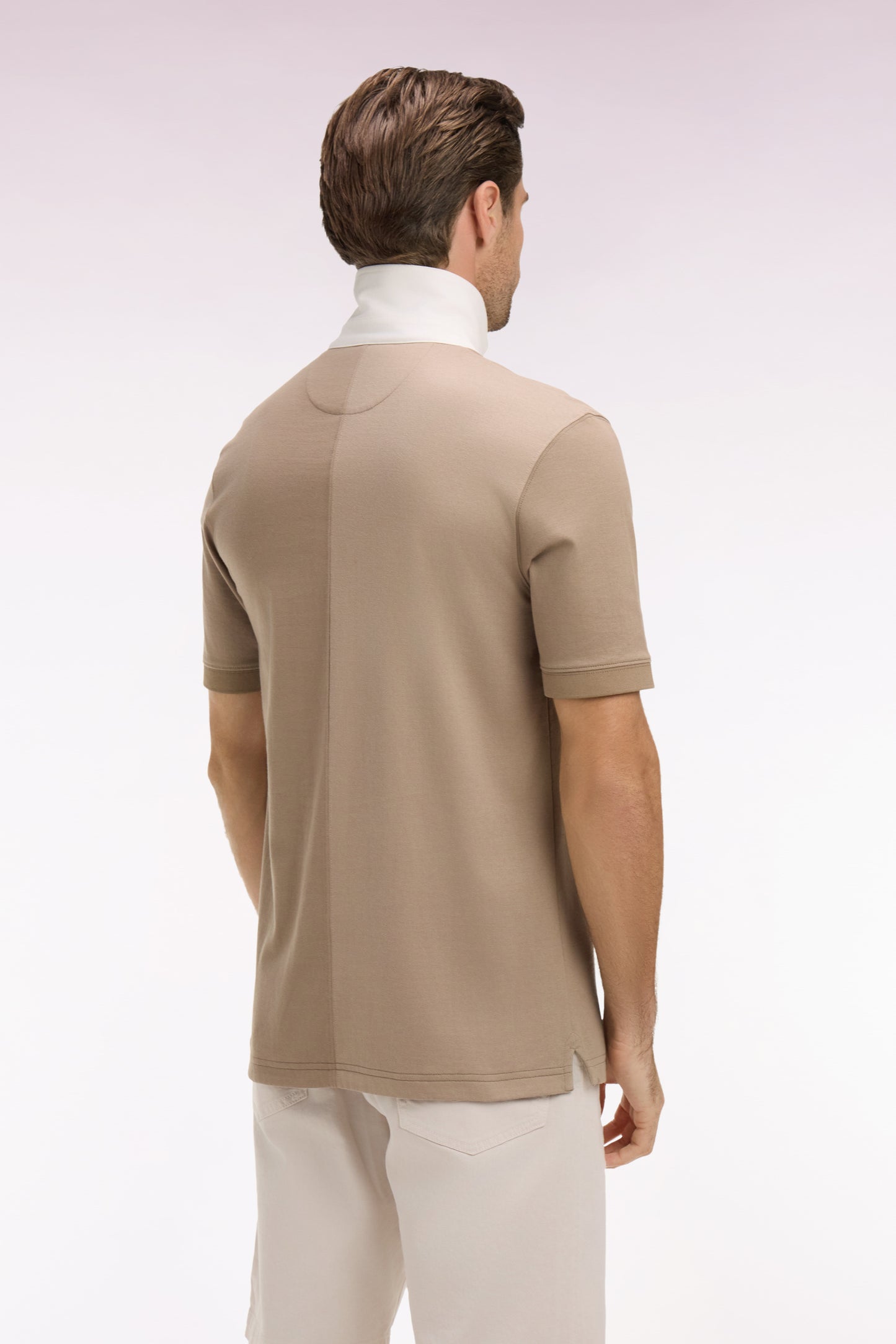 Short-sleeved jersey with vertical cutouts in beige cotton, regular fit
