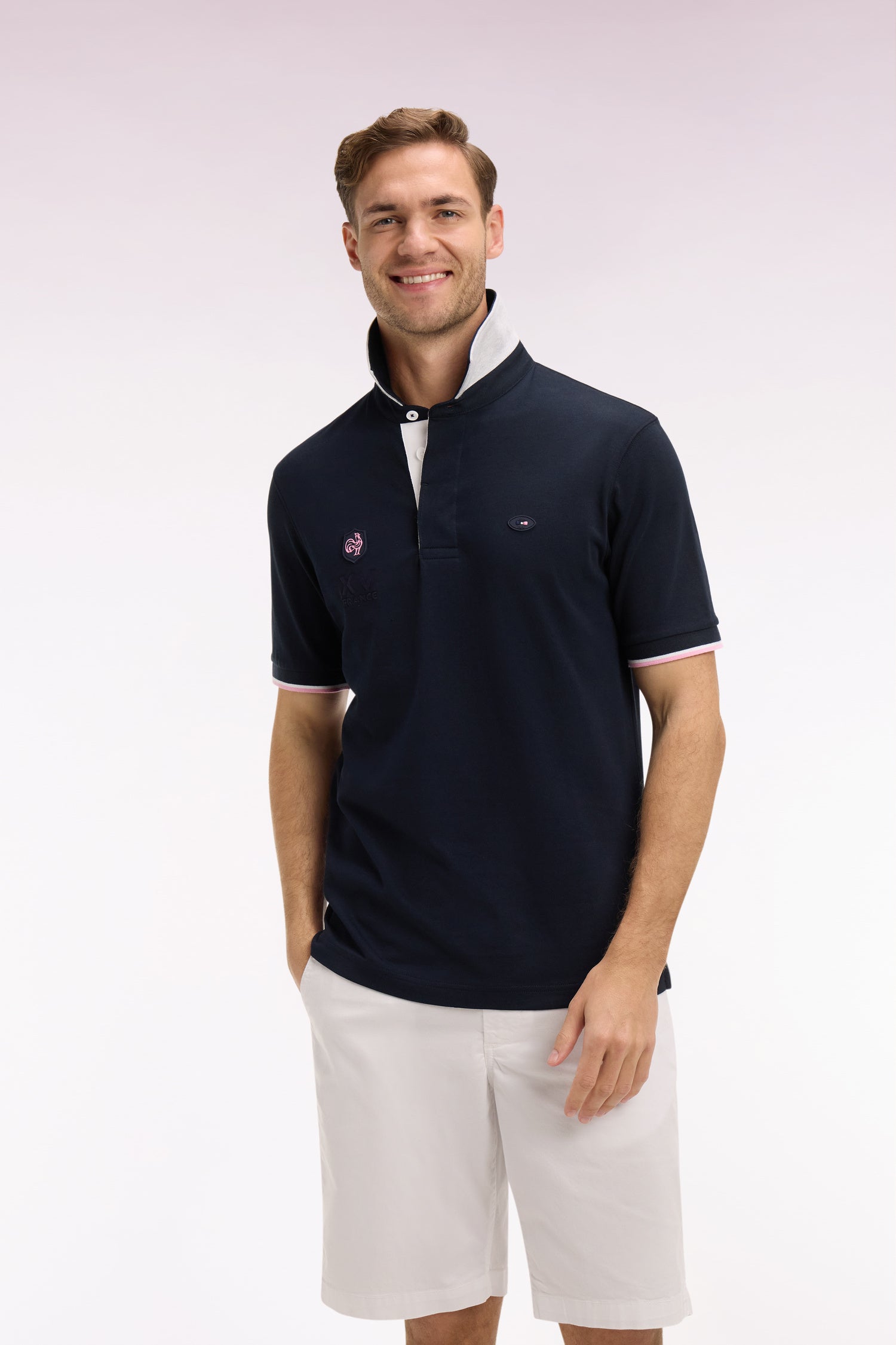 Maillot à manches courtes XV de France en coton marine brodé coupe Regular