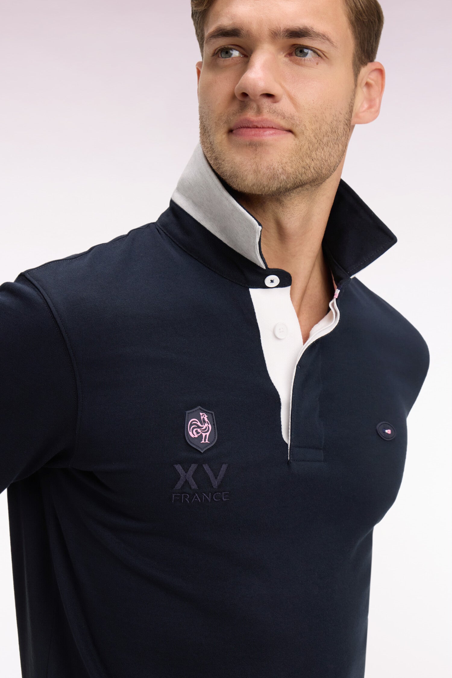 Maillot à manches courtes XV de France en coton marine brodé coupe Regular
