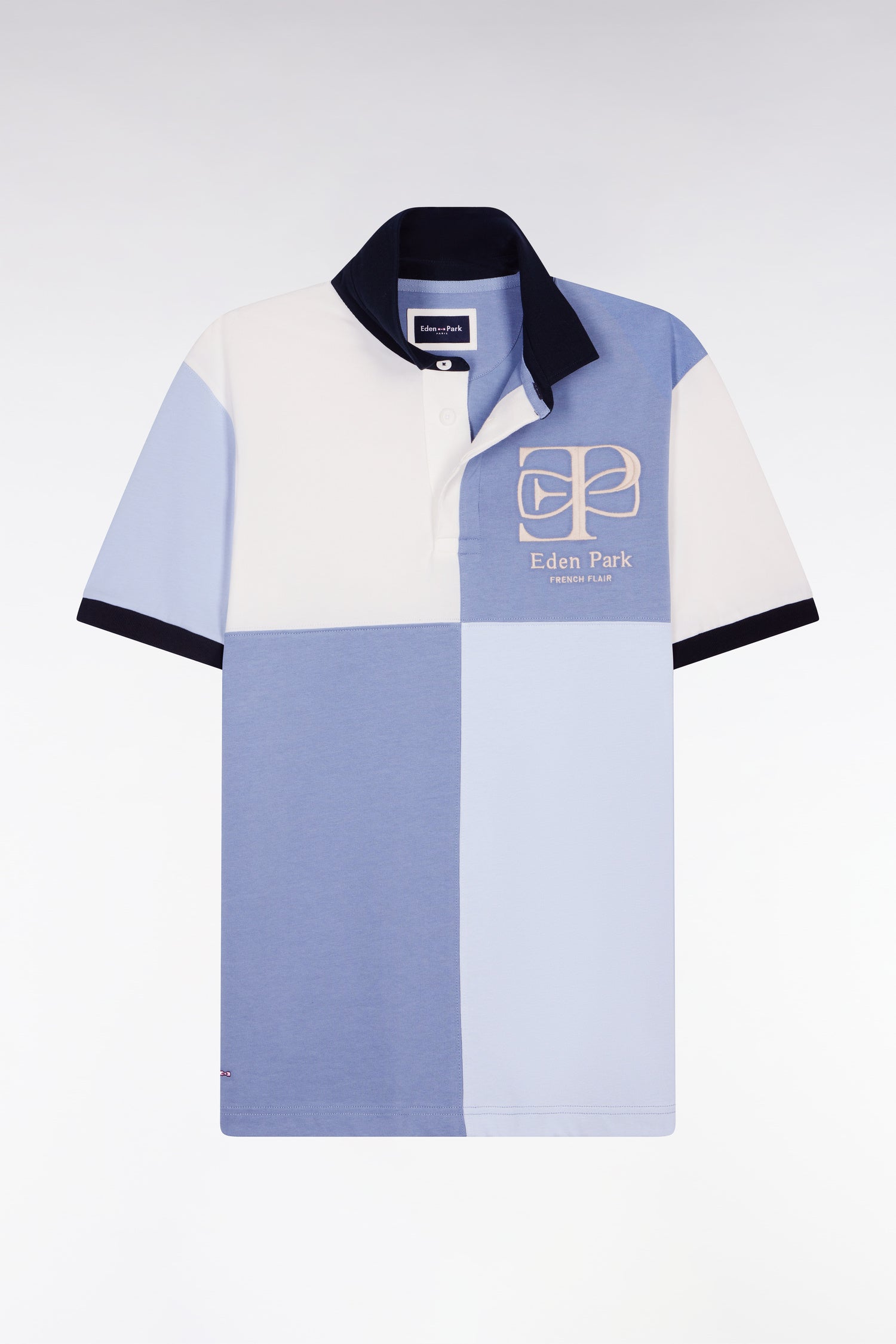 Maillot à manches courtes bleu découpes cadran et broderie coupe regular