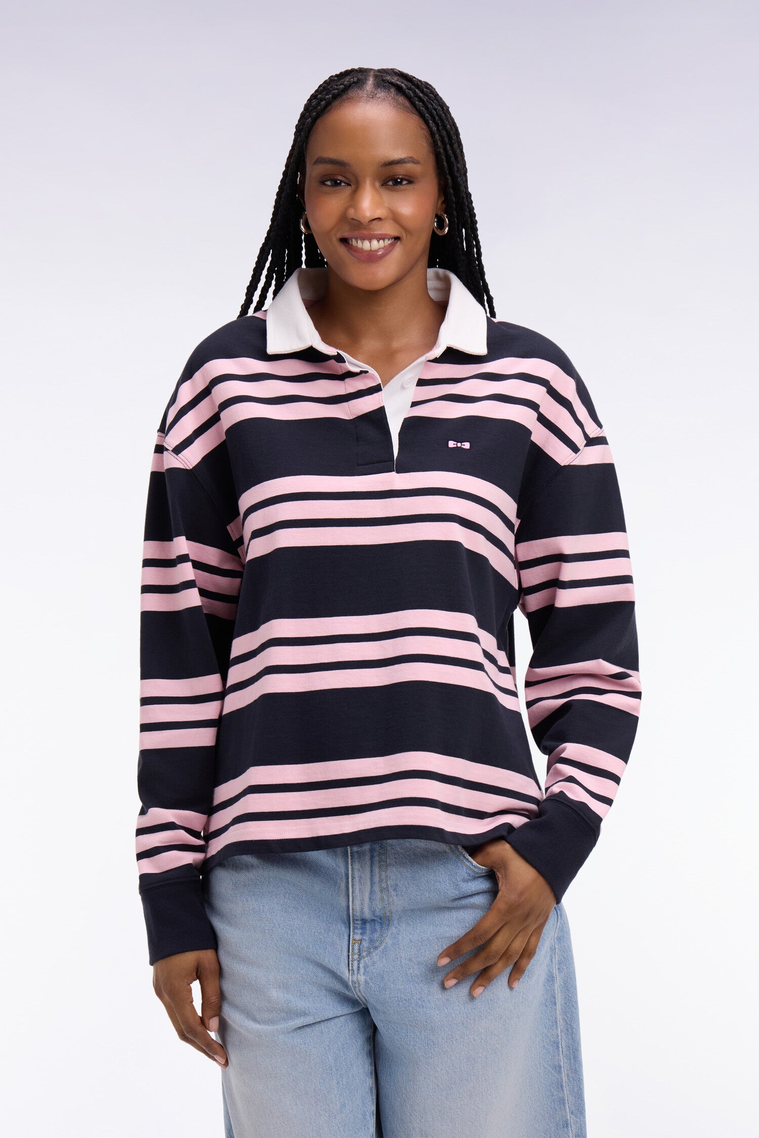 Maillot à manches longues rayé marine et rose coupe oversized