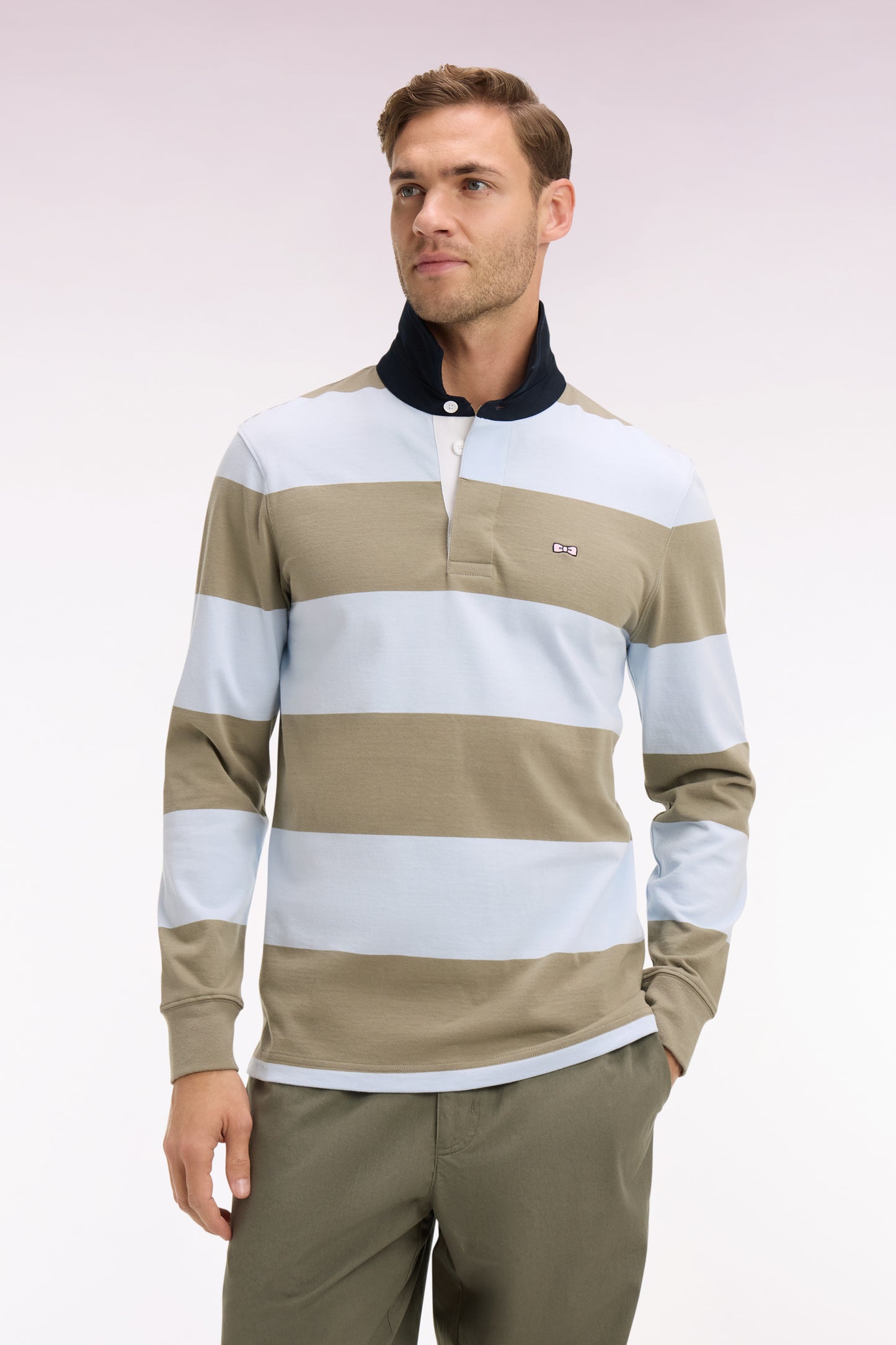 Long-sleeved cotton jersey with sky and khaki rugby stripes