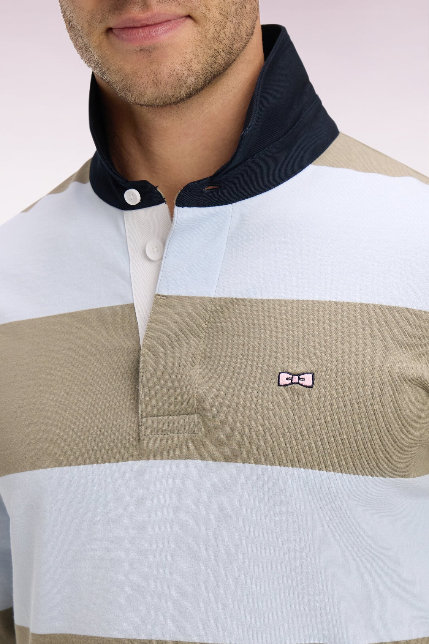 Long-sleeved cotton jersey with sky and khaki rugby stripes