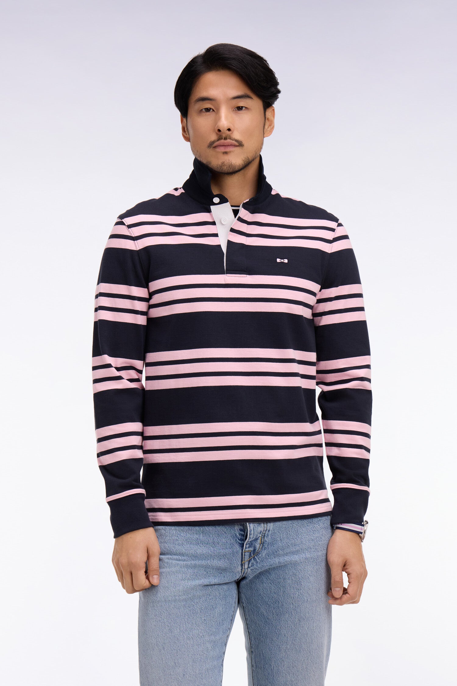 Maillot à manches longues en coton rayé marine et rose
