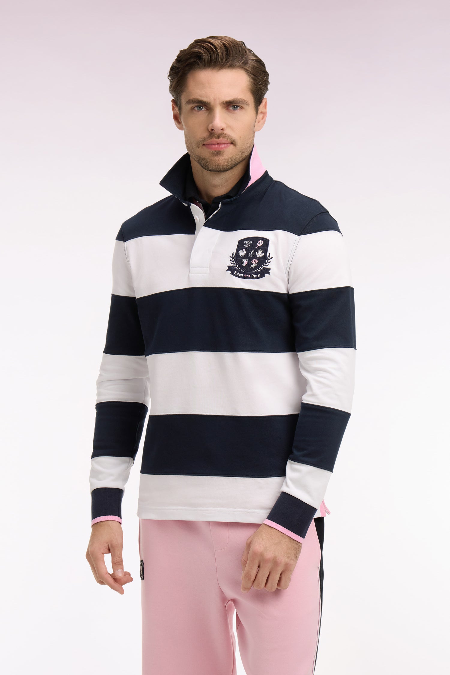 Maillot 6 Nations à manches longues en coton rayé blanc et marine