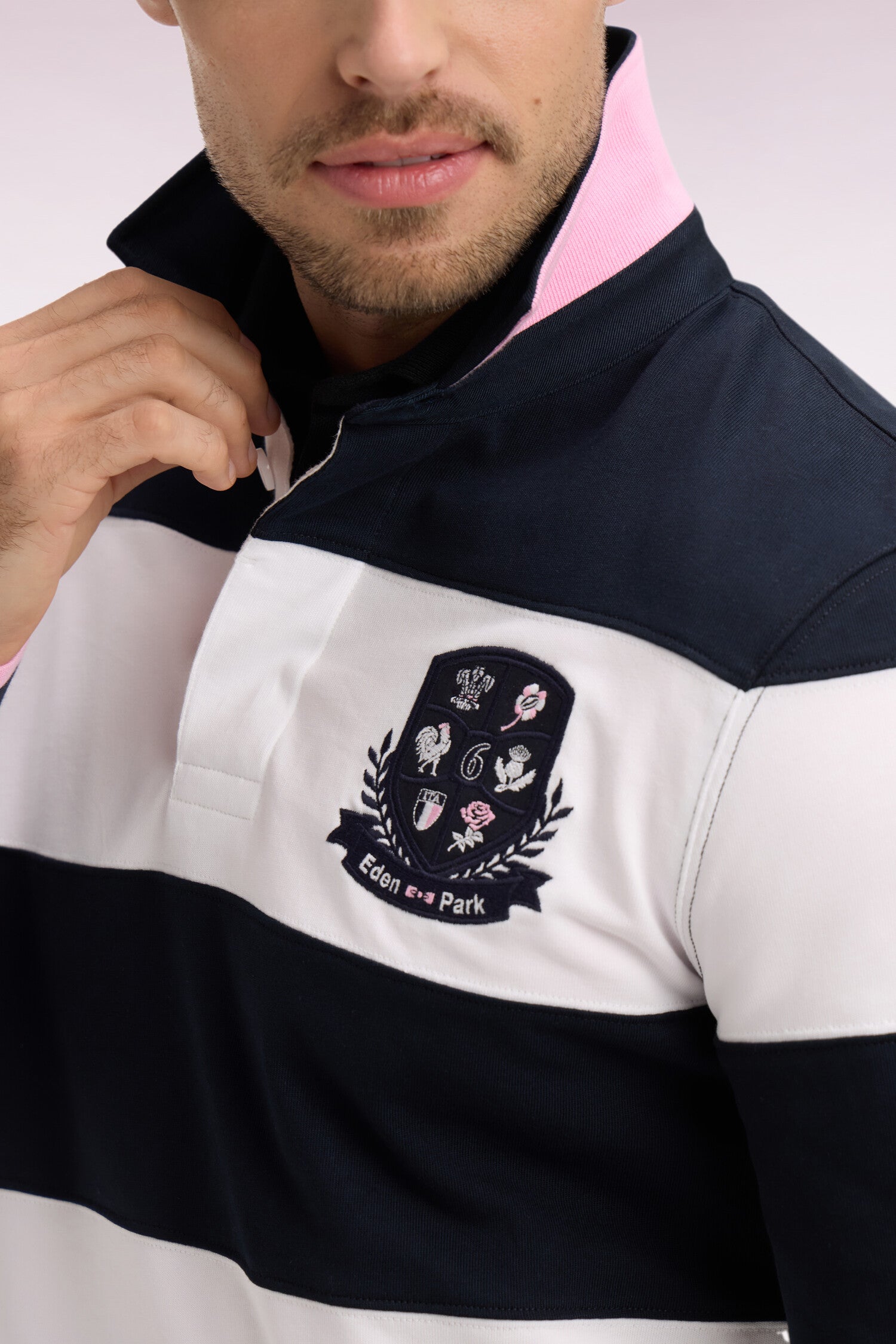 Maillot 6 Nations à manches longues en coton rayé blanc et marine
