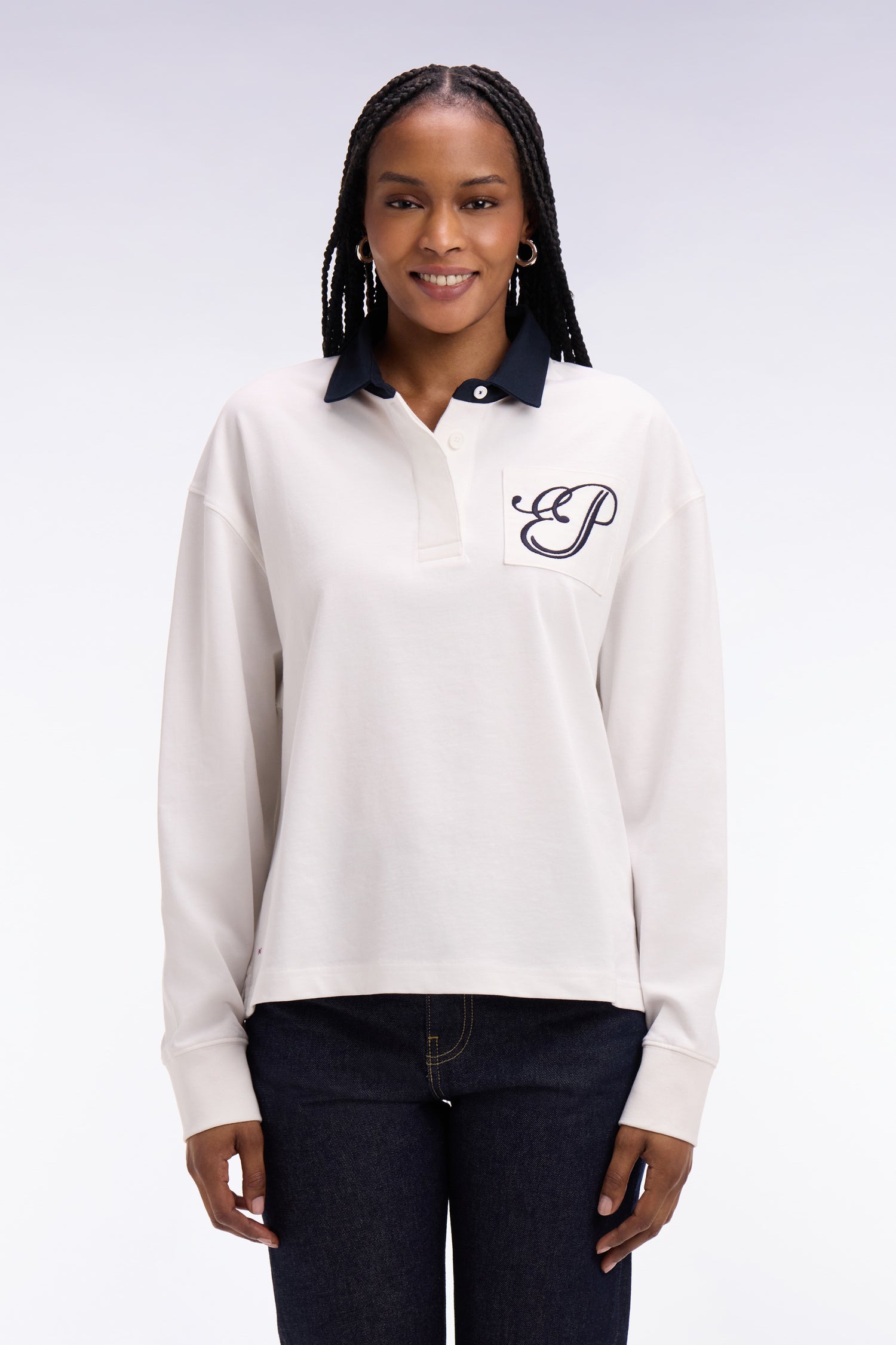 Maillot à manches longues en coton écru brodé coupe Oversized