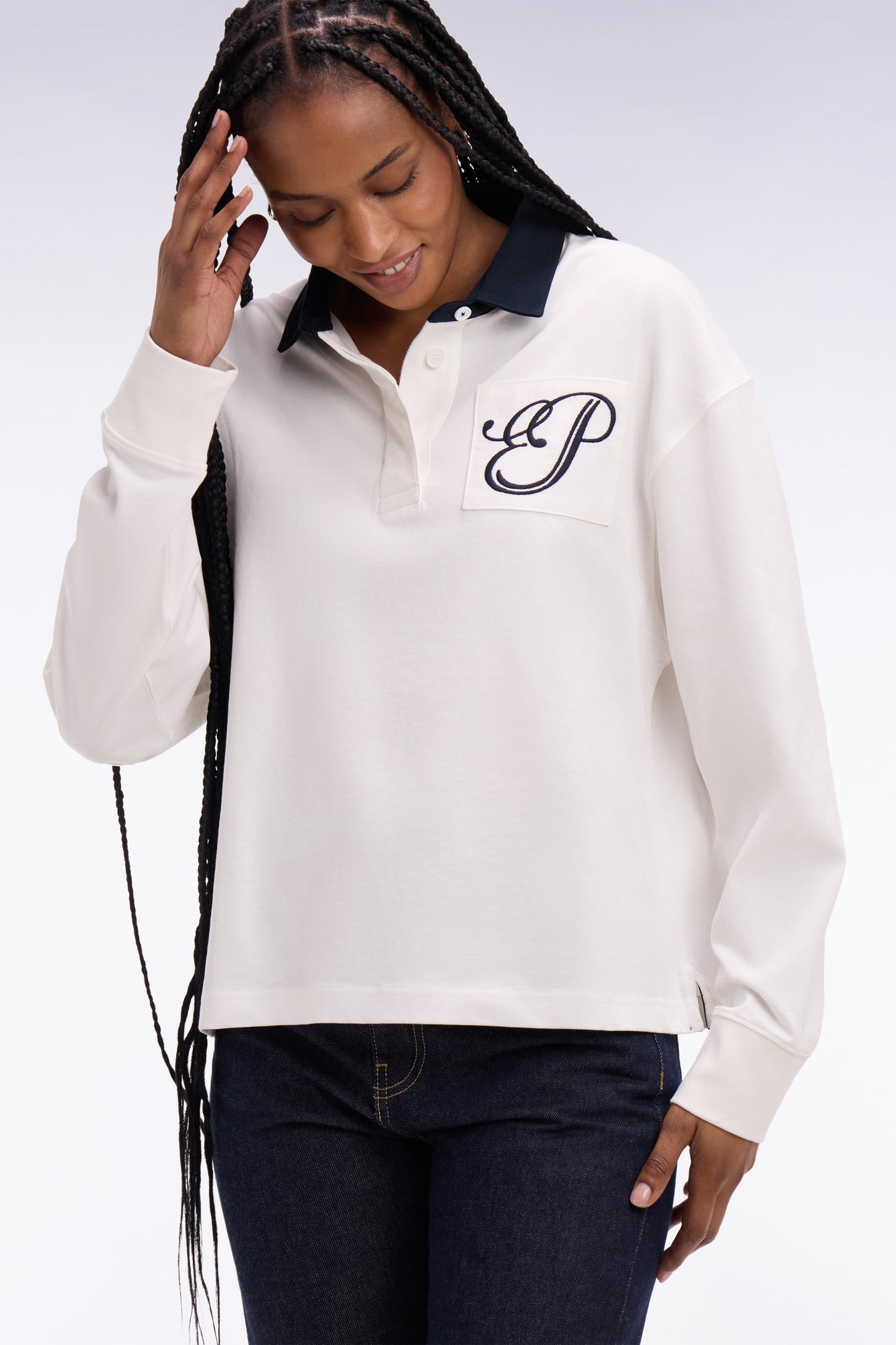 Maillot à manches longues en coton écru brodé coupe Oversized