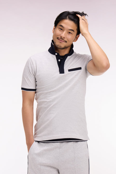 Polo manches courtes en piqué coton stretch gris clair coupe slim - Image 1