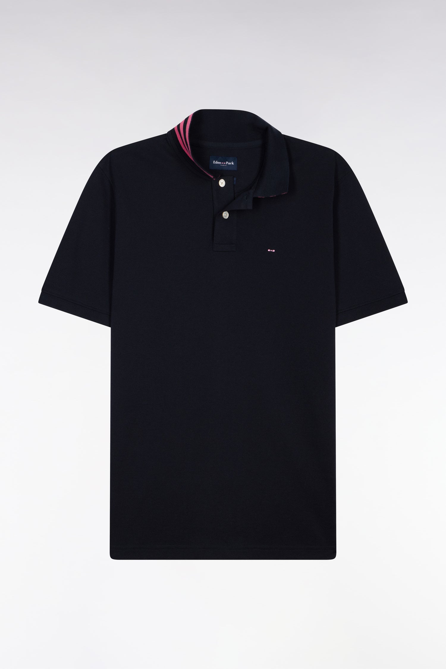 Polo manches courtes en piqué coton marine dessous de col rayé coupe slim