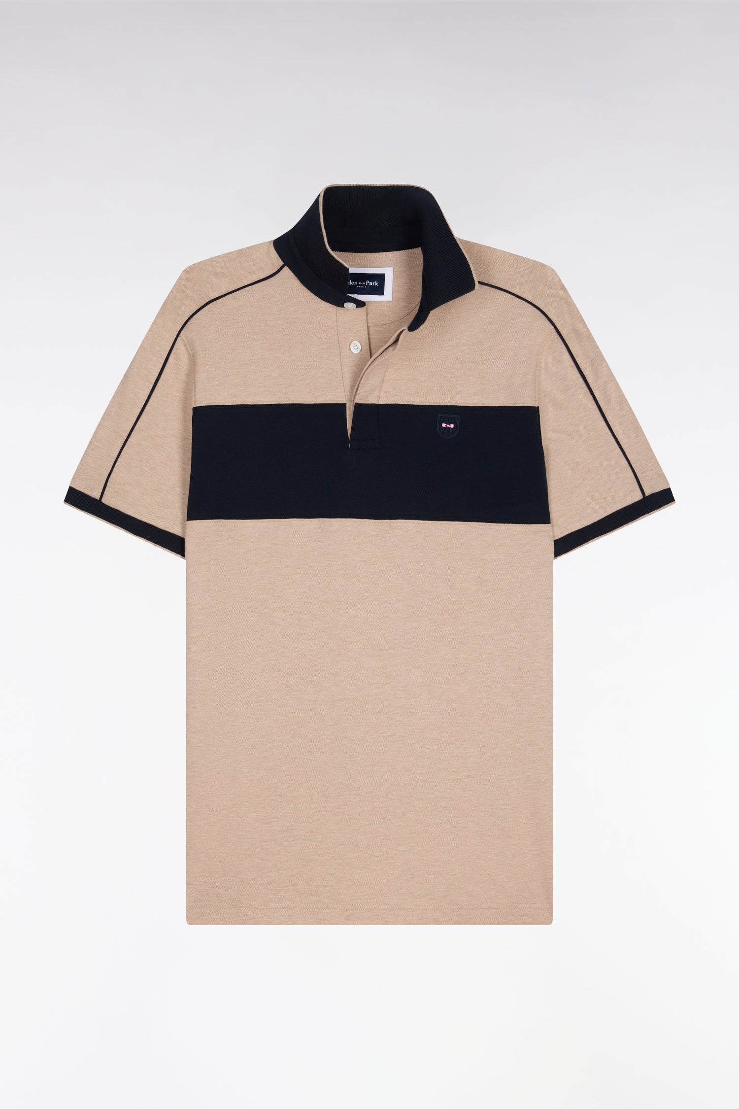 Polo à manches courtes en coton stretch marine et beige coupe slim