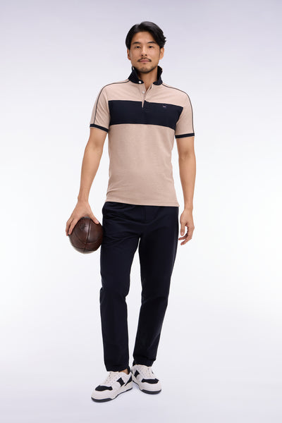 Short-sleeved polo shirt in navy and beige stretch cotton, slim fit