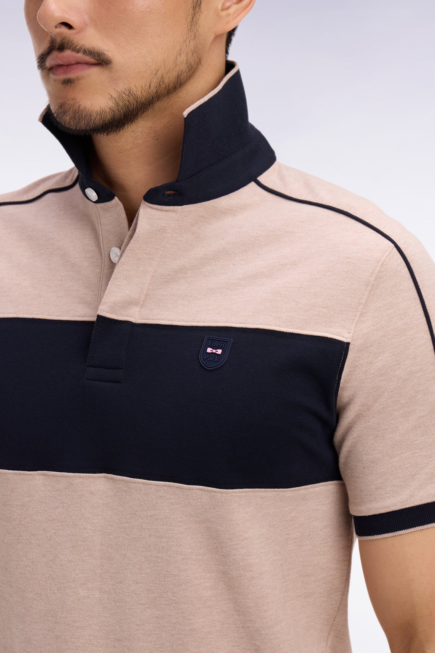 Polo à manches courtes en coton stretch marine et beige coupe slim