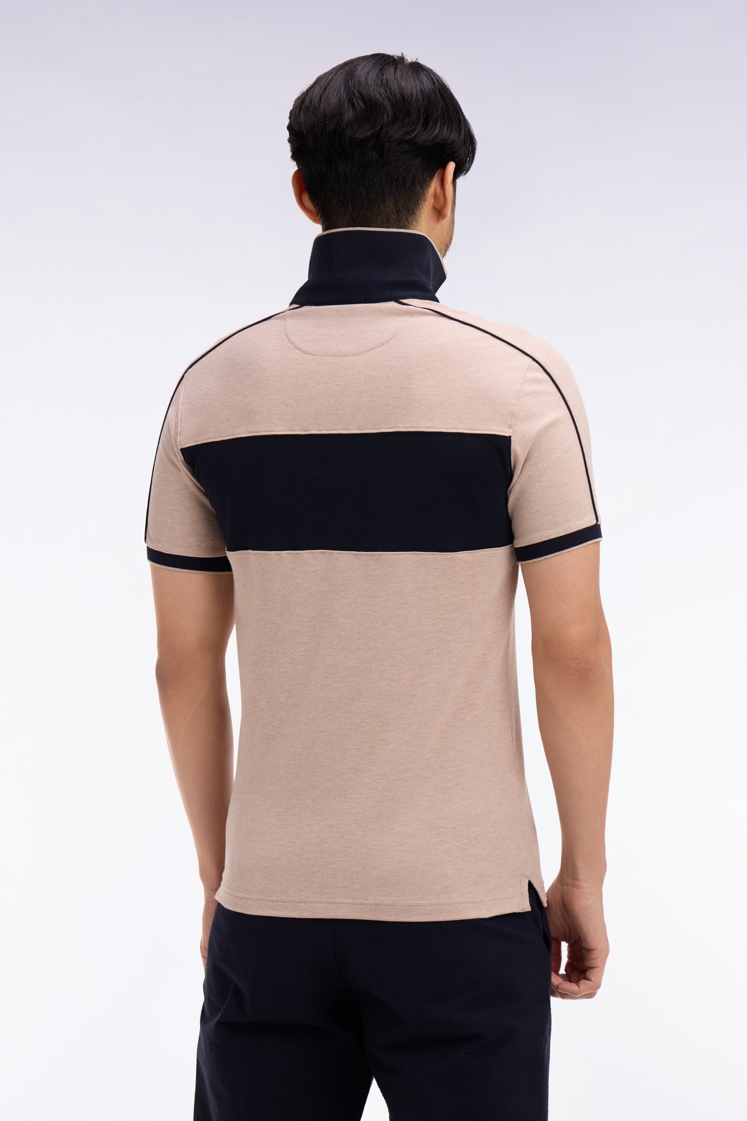 Polo à manches courtes en coton stretch marine et beige coupe slim
