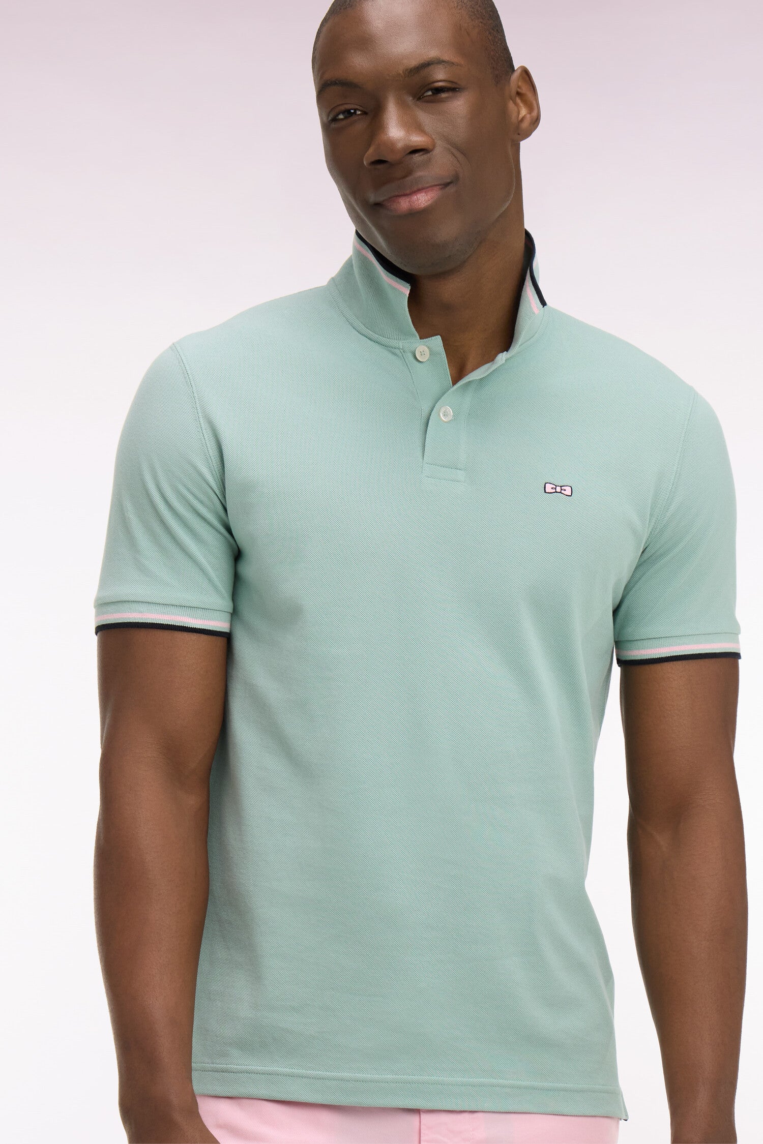 Kurzarm-Poloshirt aus Baumwolle Wassergrün Details gestreift Regular-Passform
