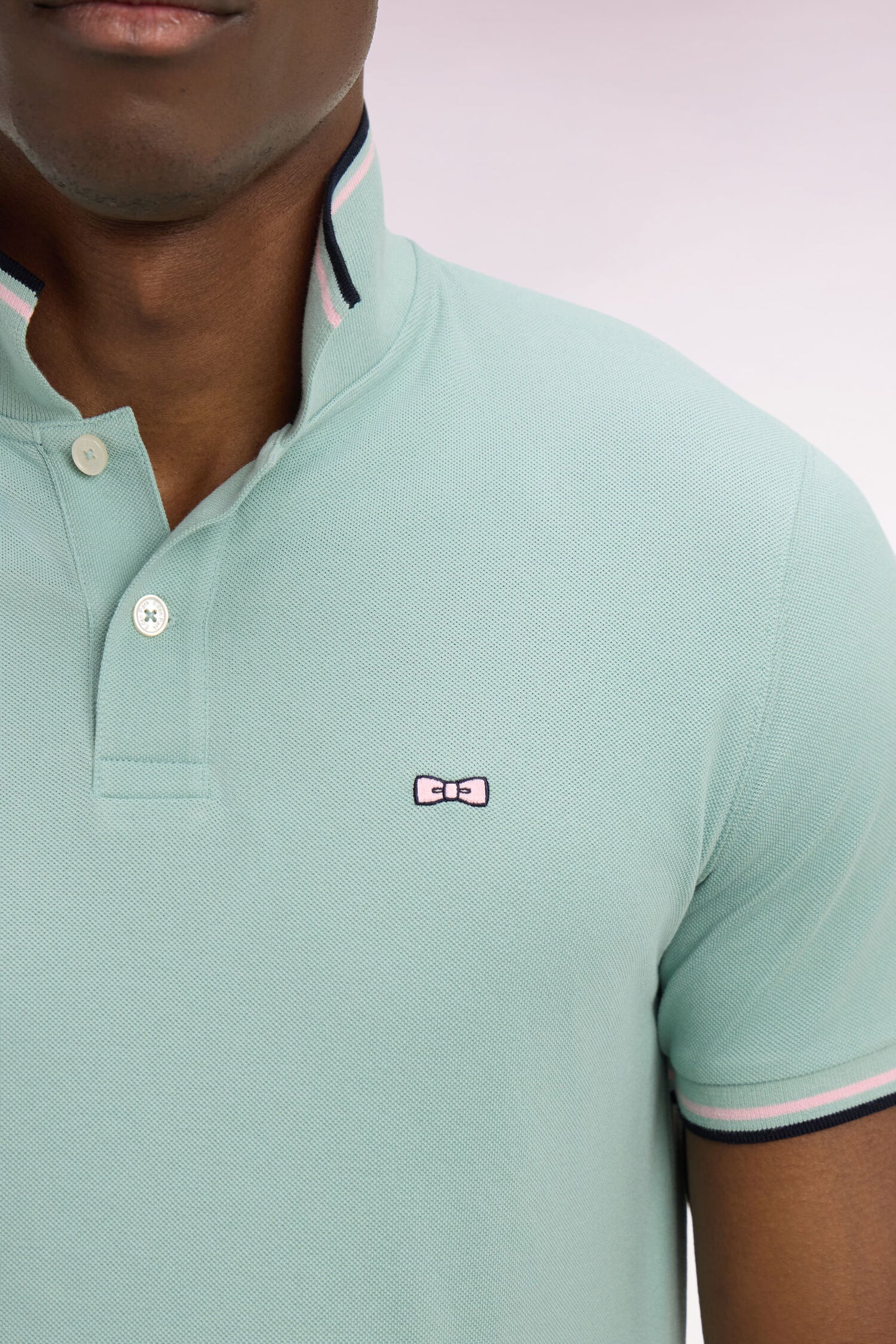 Polo à manches courtes en coton vert d'eau détails rayés coupe regular